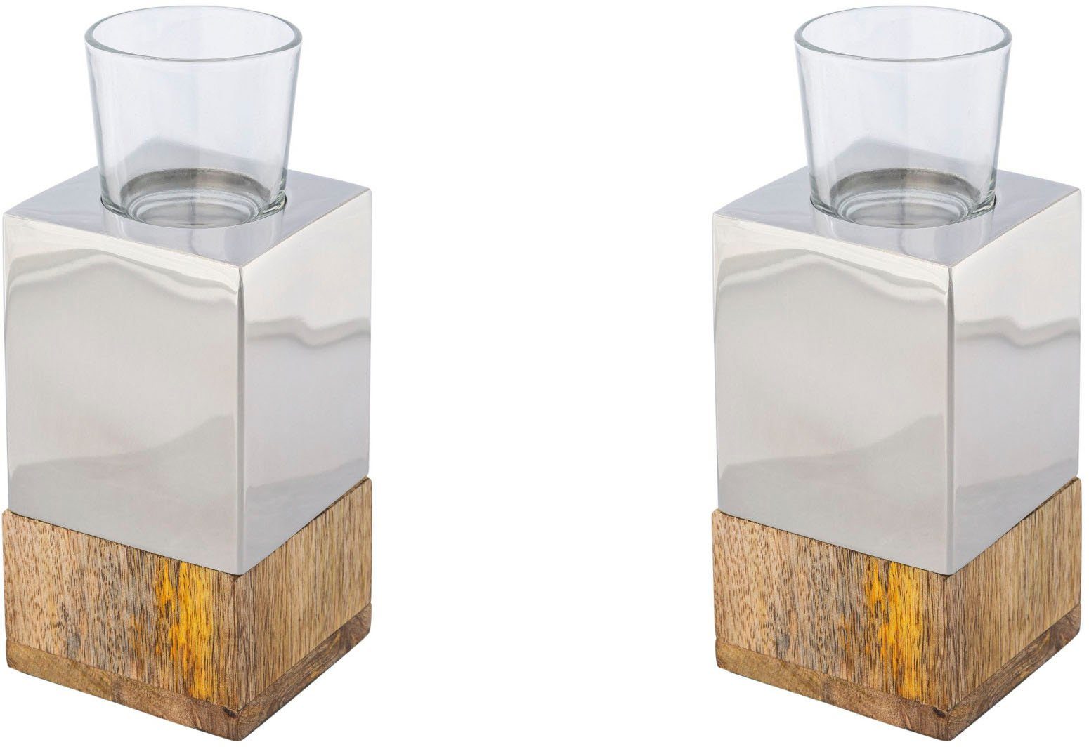 Creativ home Waxinelichthouder Kandelaar Tower uit hout, roestvrij staal en glas (set, 2 stuks) kaarsenhouders zilver