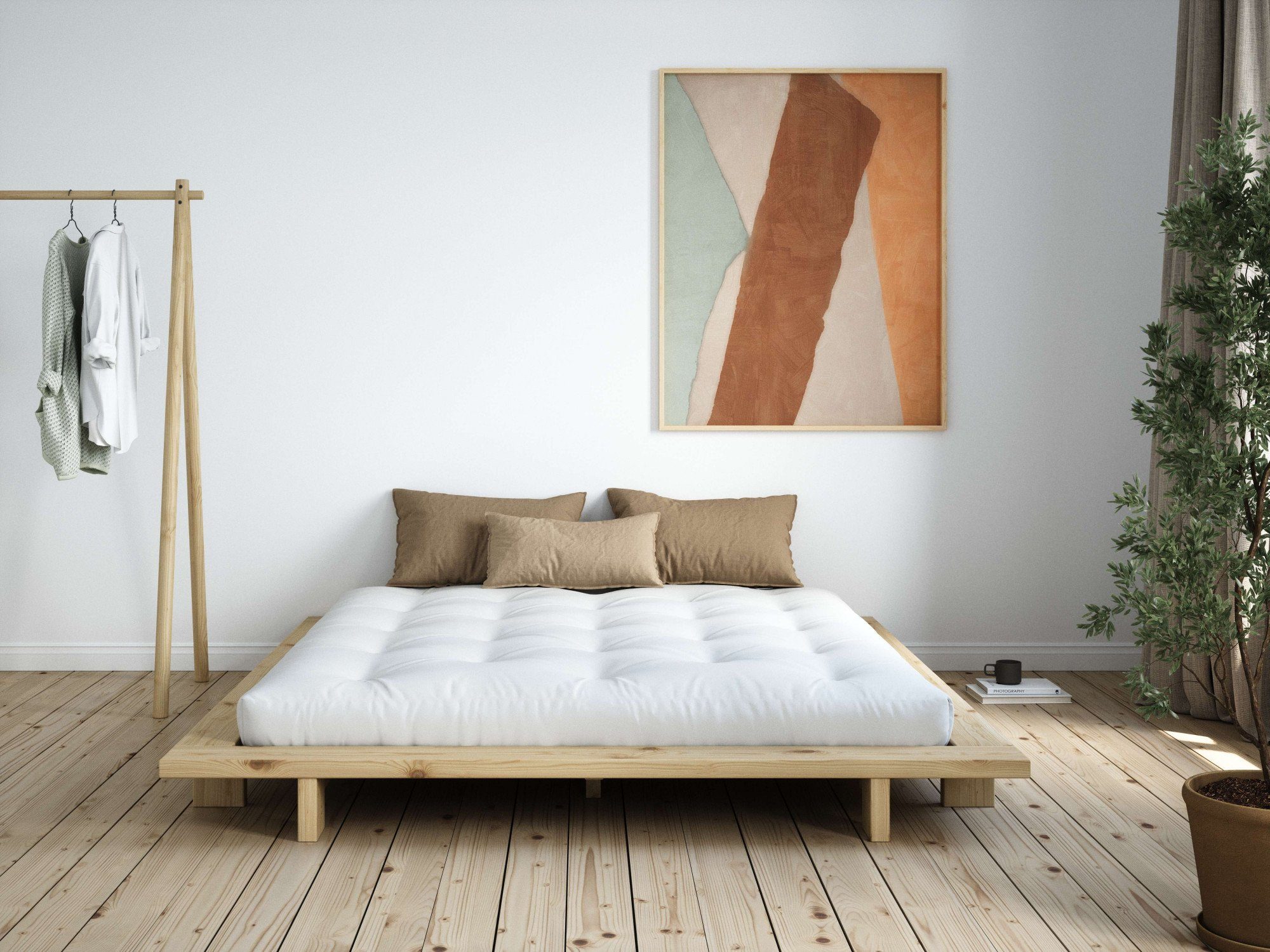 Karup Bedframe JAPAN BED grondbed, houten frame, futonbed, jeugdbed, houten bed Massief houten bed met lattenbodem, massief grenen, bed zonder hoofdeinde