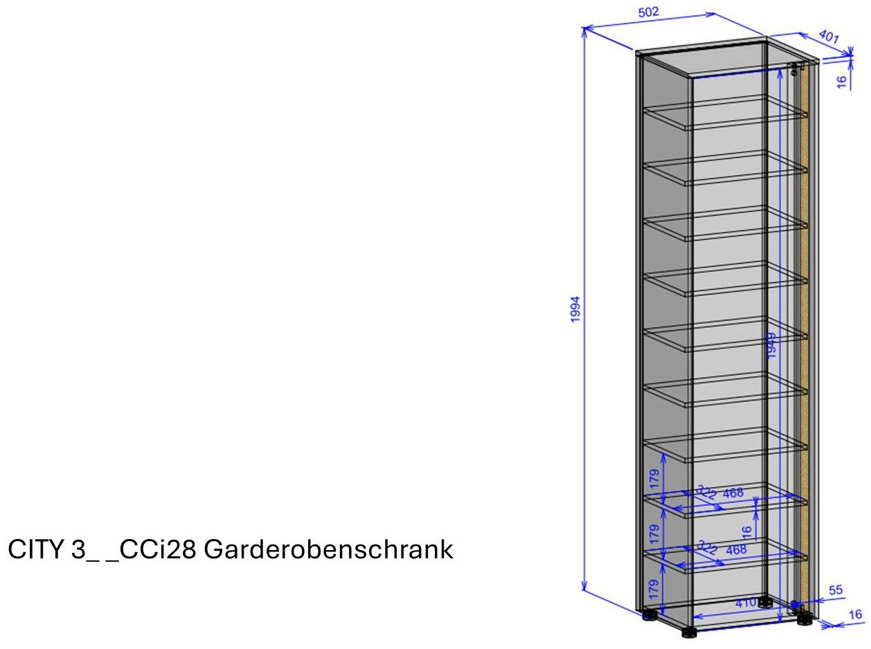 INOSIGN Kledingkast GIRON/ CiTY, Kast in Wotan Eik, Kledingkast met opbergruimte 10 vakken, modern ontwerp, deur aan beide zijden monteerbaar, 50 cm breed