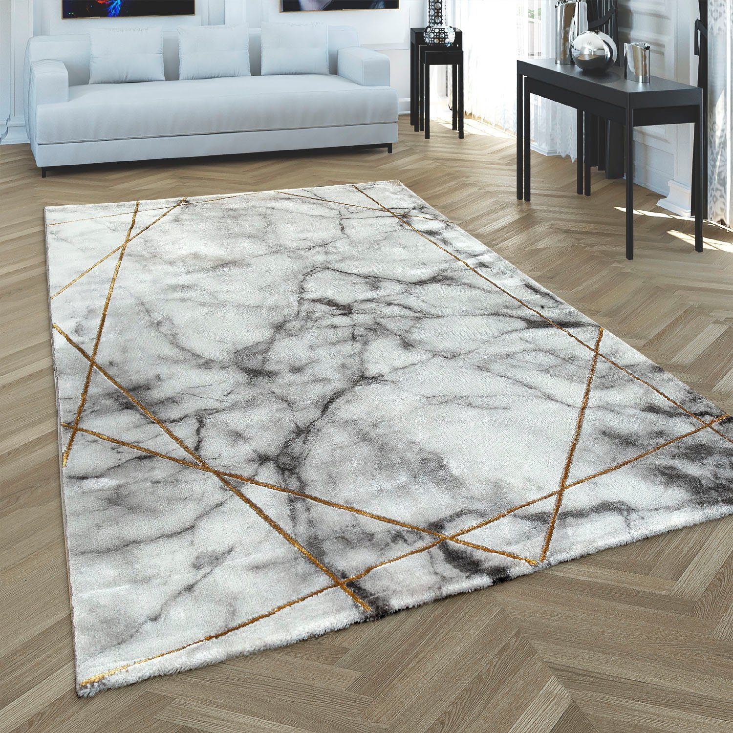 Paco Home Vloerkleed Kracht 523 Korte pool, chic marmer design, met goudkleurige zilverkleurige accenten
