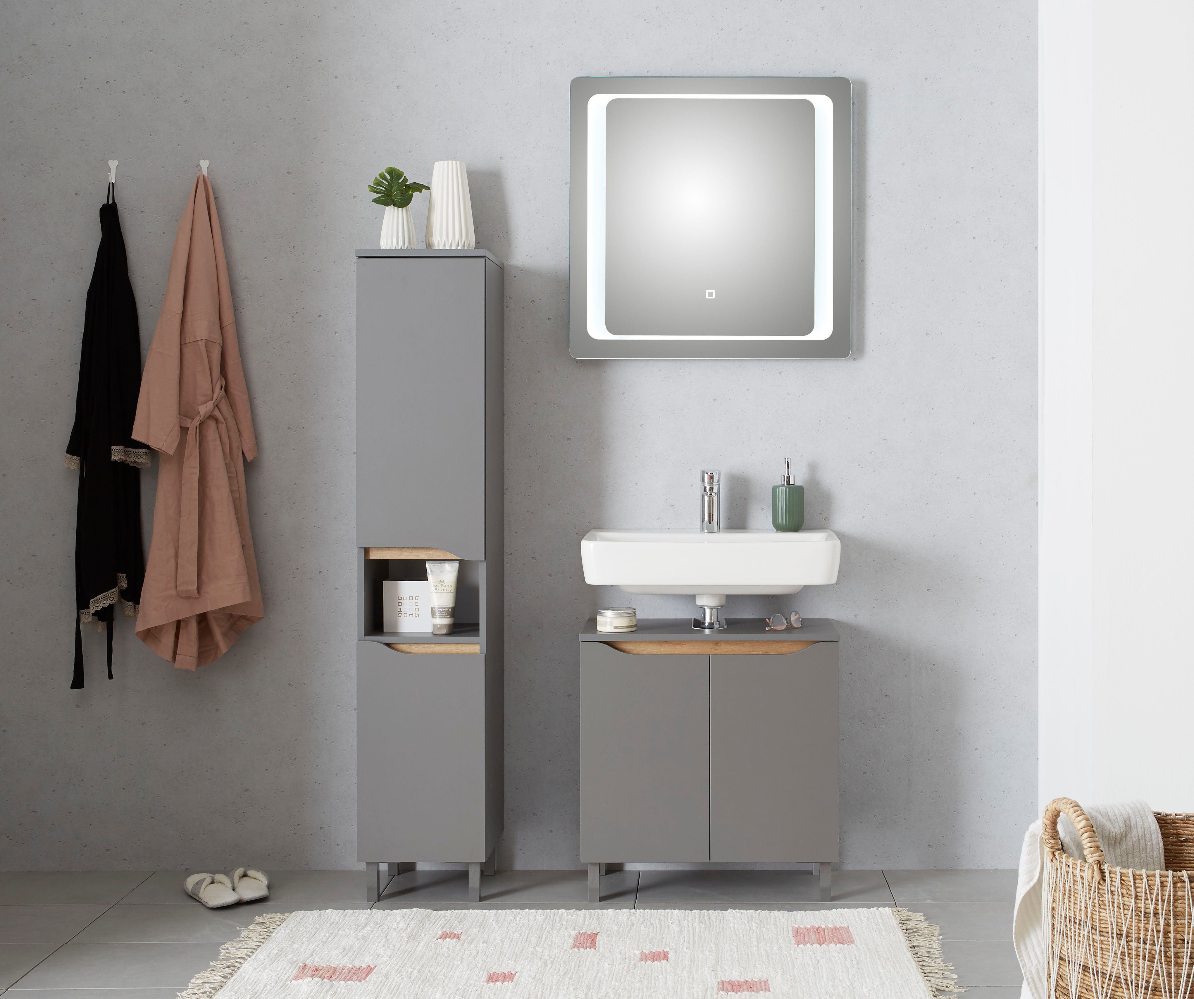 Saphir Badkamerserie Quickset 3-delig, wastafelonderkast met led-spiegel met halfhoge kast, inclusief deurdemper, 4 deuren, 1 nis, badkameraccessoireset (3-delig)