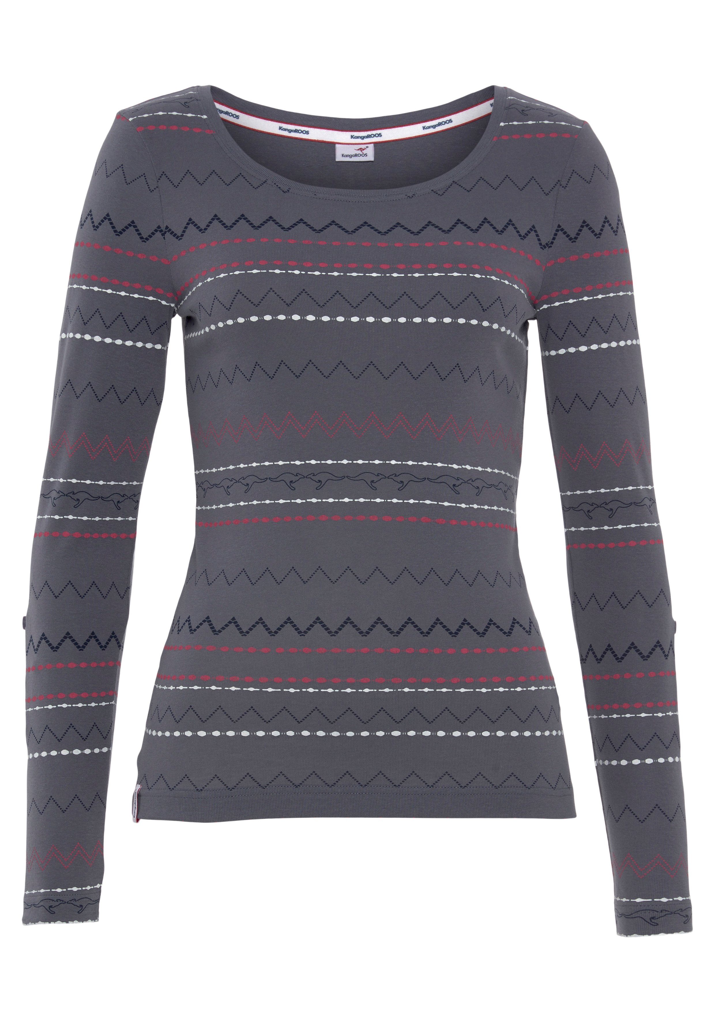 KangaROOS Shirt met lange mouwen zeer figuurvolgende pasvorm, met zigzagpatroon, van 100% katoen