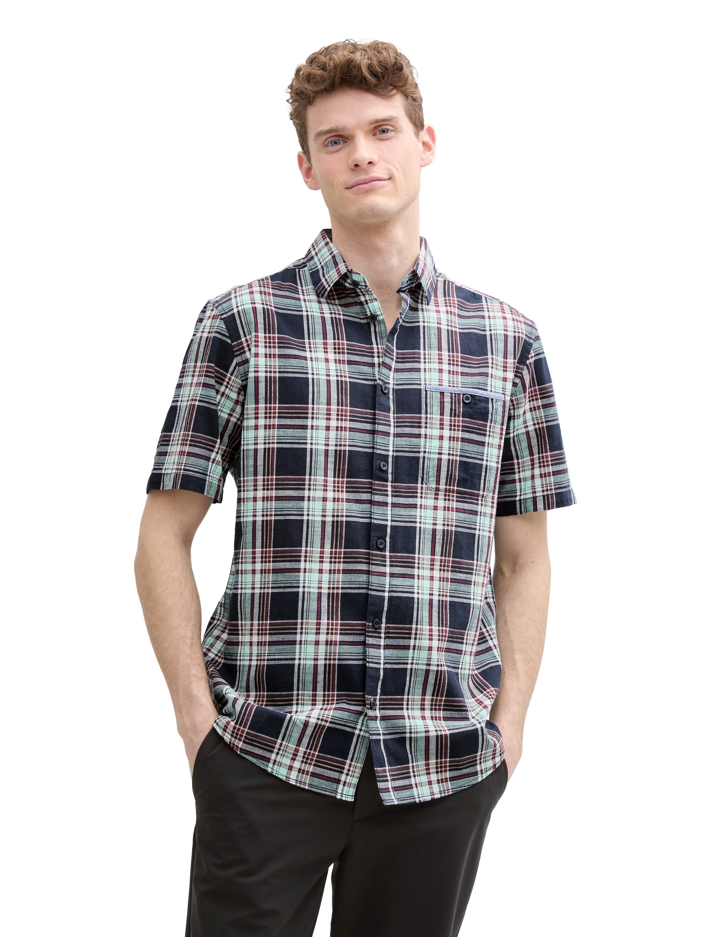 Tom Tailor Overhemd met korte mouwen met ruitpatroon heren overhemden maat XXXL blauw