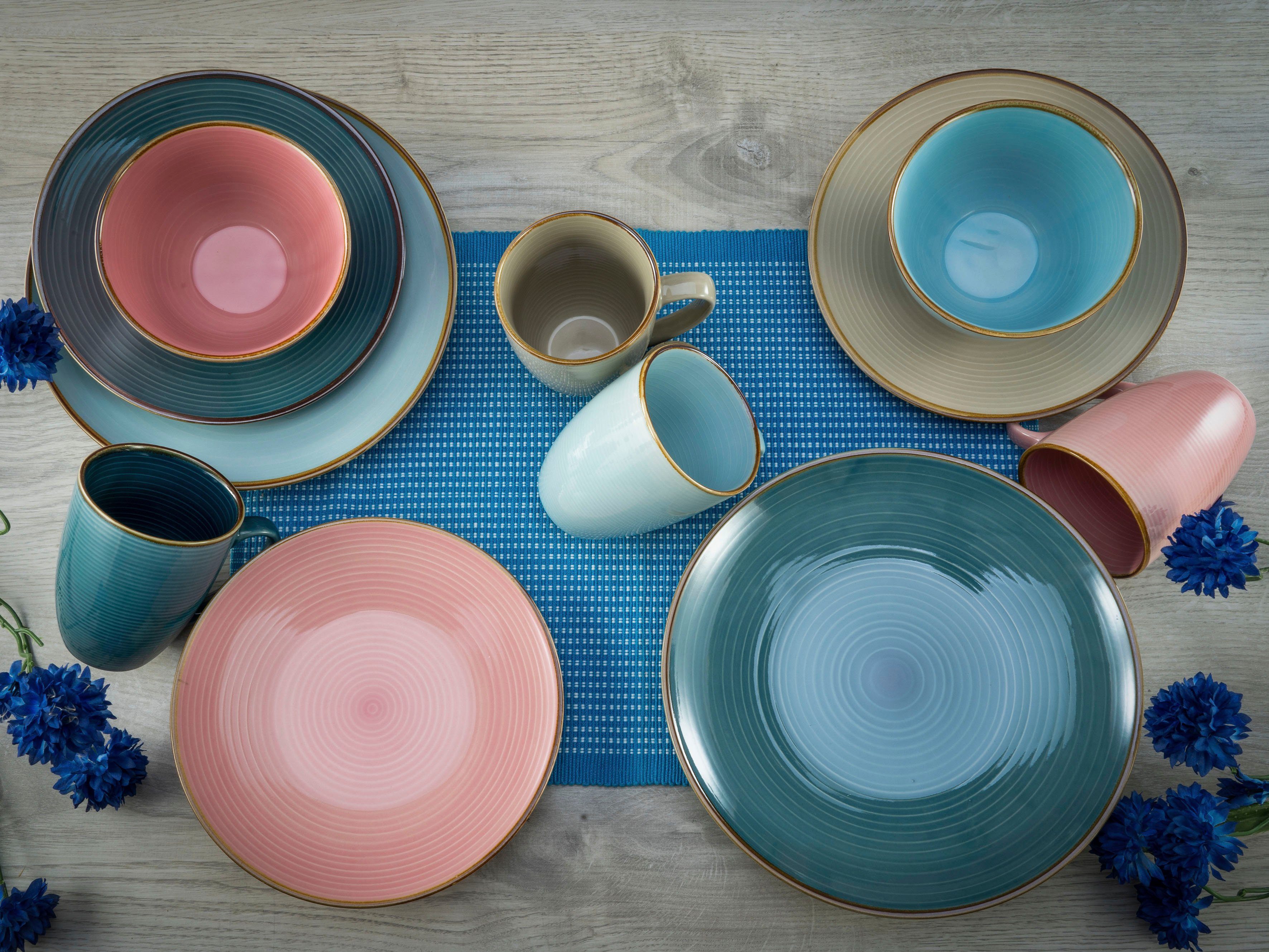 CreaTable Combi-servies Servies-set Cosy Day Servies, cirkelstructuur, in pastelkleuren, 16 delen, voor 4 personen (set, 16-delig)