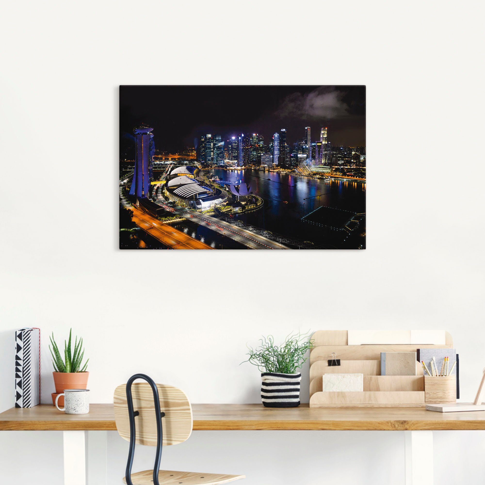 Artland Artprint op linnen Singapoer 's nachts gespannen op een spieraam