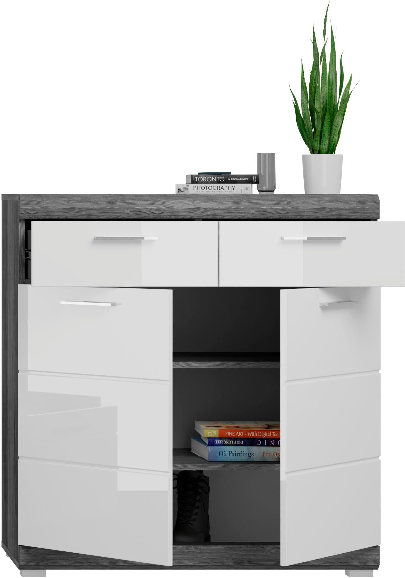 INOSIGN Schoenenkast Siena, Breedte 90 cm, 2 Deuren, 2 Planken, 3 Vakken, 2 Lades Front-groeffreesing, schoenenkommode, commode, buffetkast, sideboard