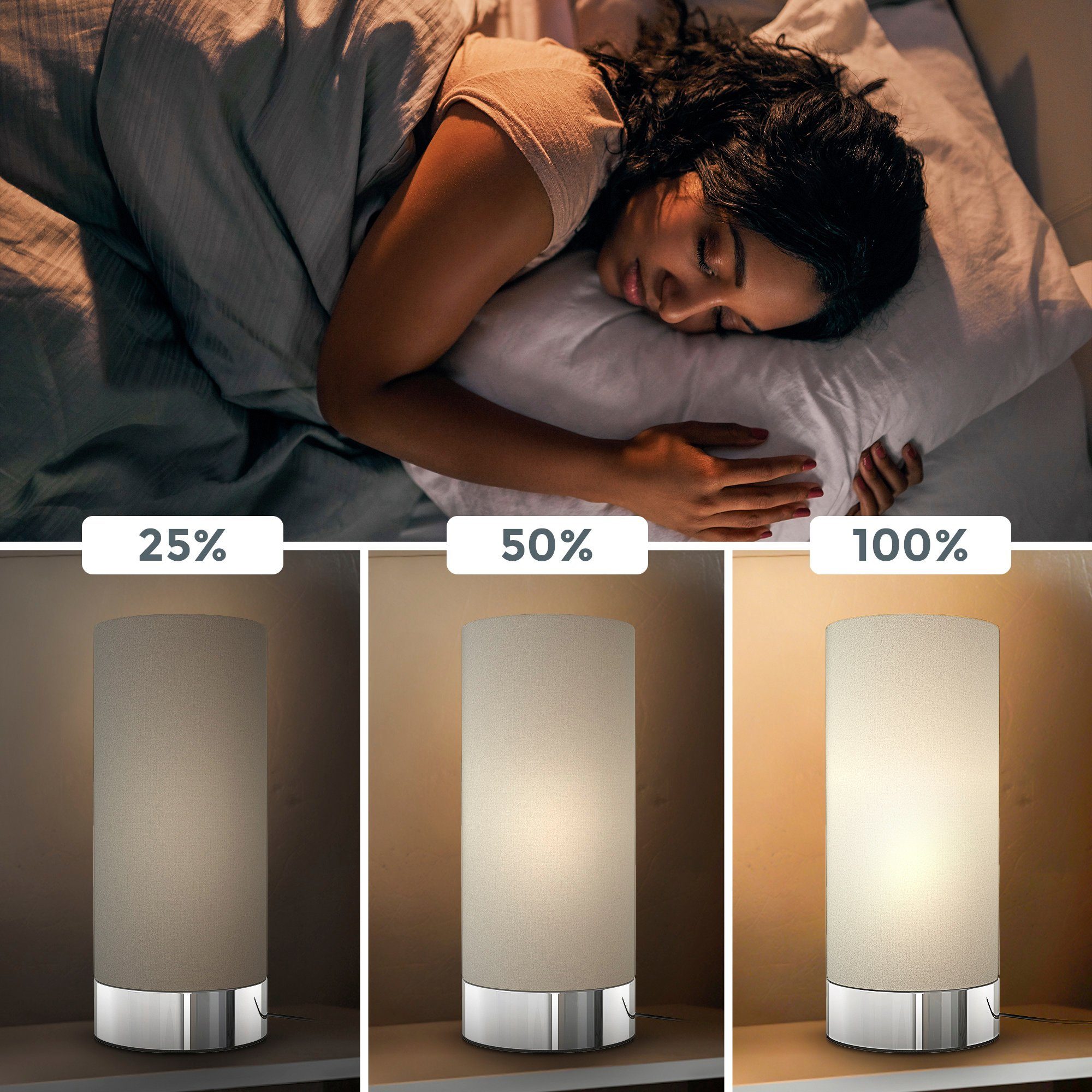 B.K.Licht Tafellamp BK_TL1438 Tafellamp, met stoffen kap, taupe, dimbaar, touch-functie (1 stuk)