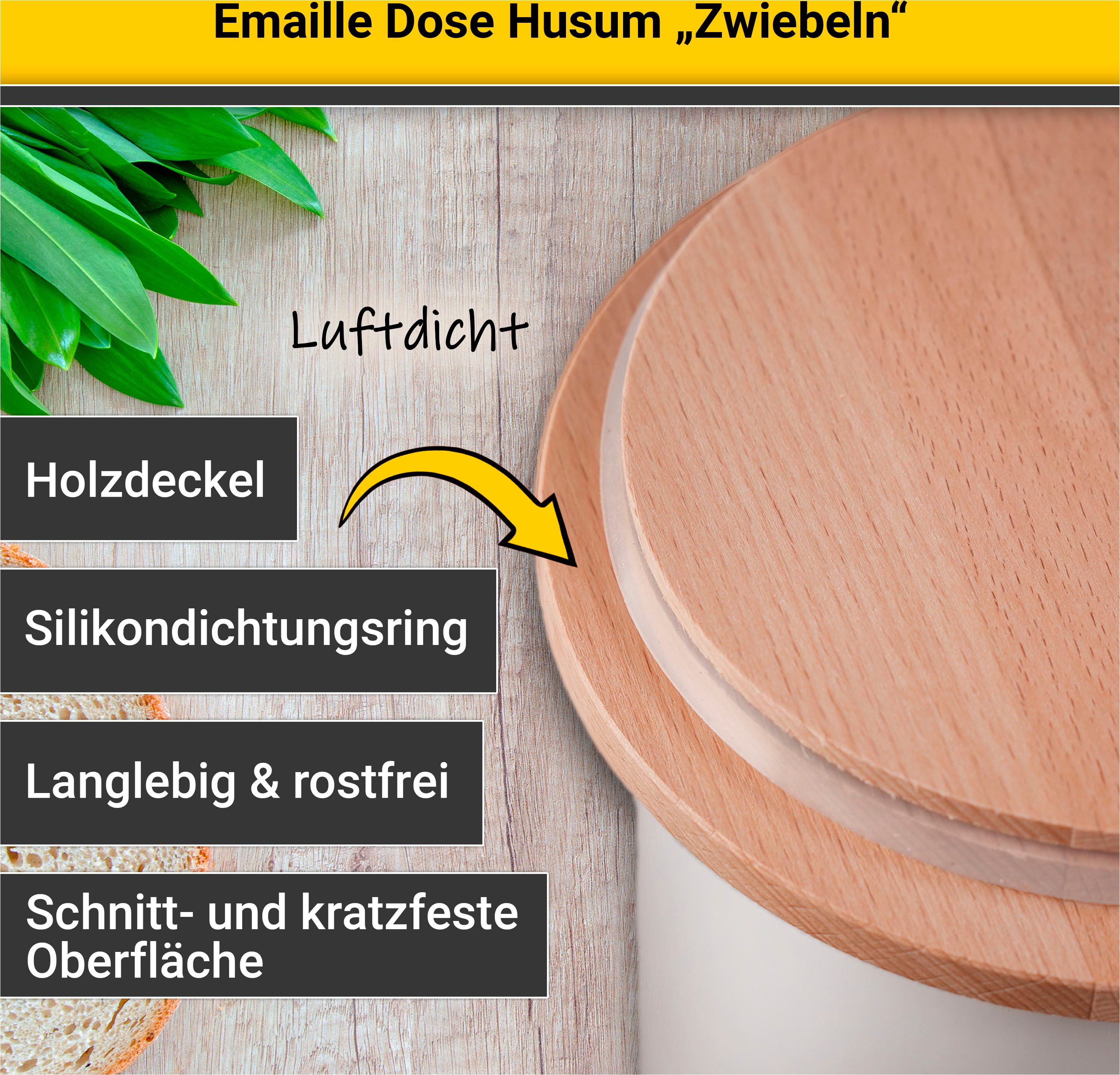 Krüger Voorraadbus Emaille voorraadbus Husum voor uien met houten deksel, 12 cm snij-/krassbestendige oppervlakte, bacteriewerend, extreem duurzaam (1-delig)