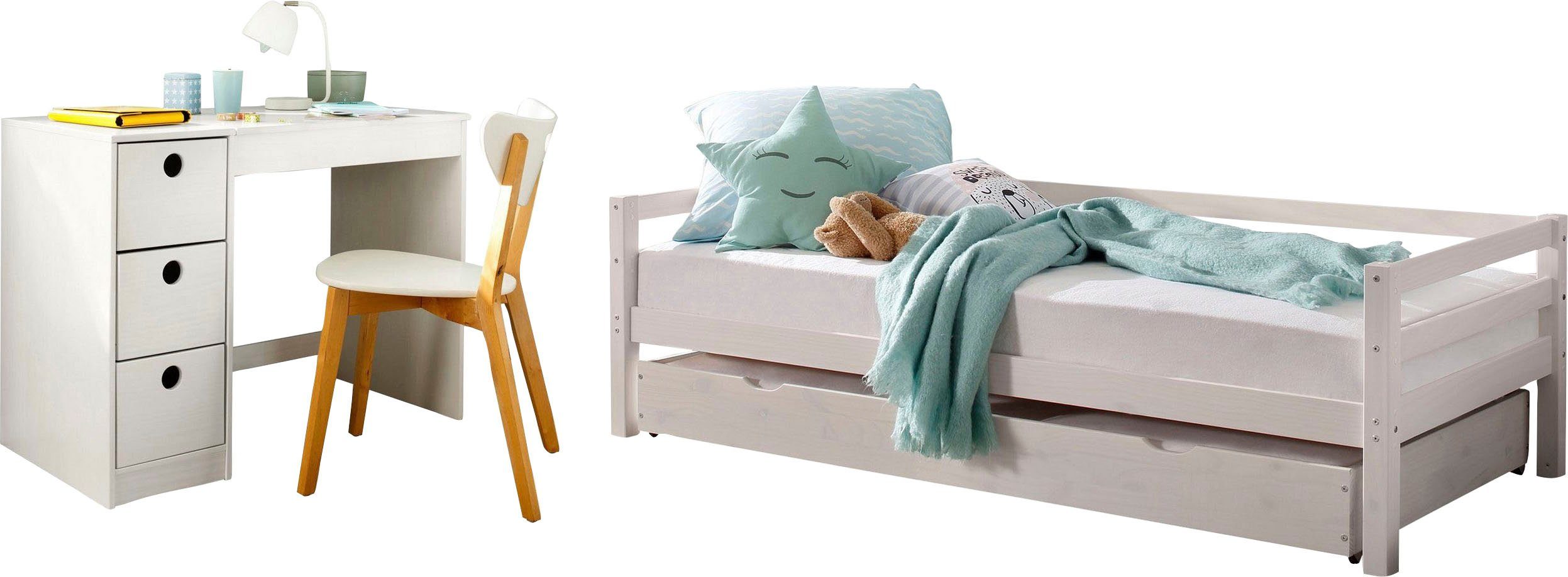Lüttenhütt Tienerkamerset Alpi Daybed met 2e ligoppervlak en bureau met opbergruimte, ruimtebesparend (voordeelset) complete kinderkamers wit