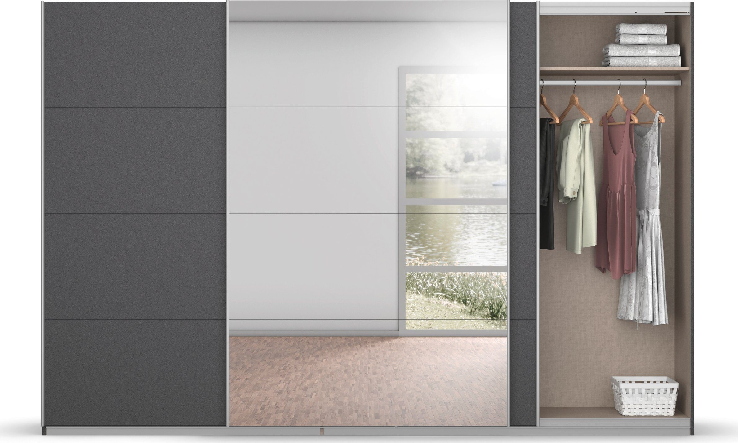 rauch Zweefdeurkast Kledingkast kast garderobe BESTSELLER KOLUNA met spiegel inclusief 2 binnenladen en extra legplanken made in germany