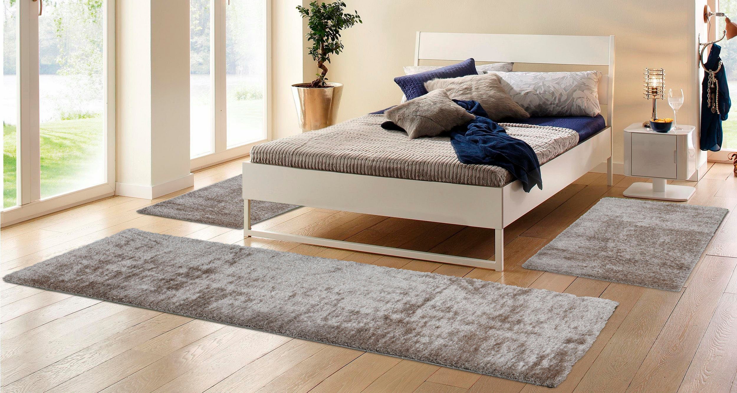 my home Set slaapkamerkleedjes Malin Hochflor, shaggy, effen kleuren, lichte glans, microvezel, onderhoudsvriendelijk