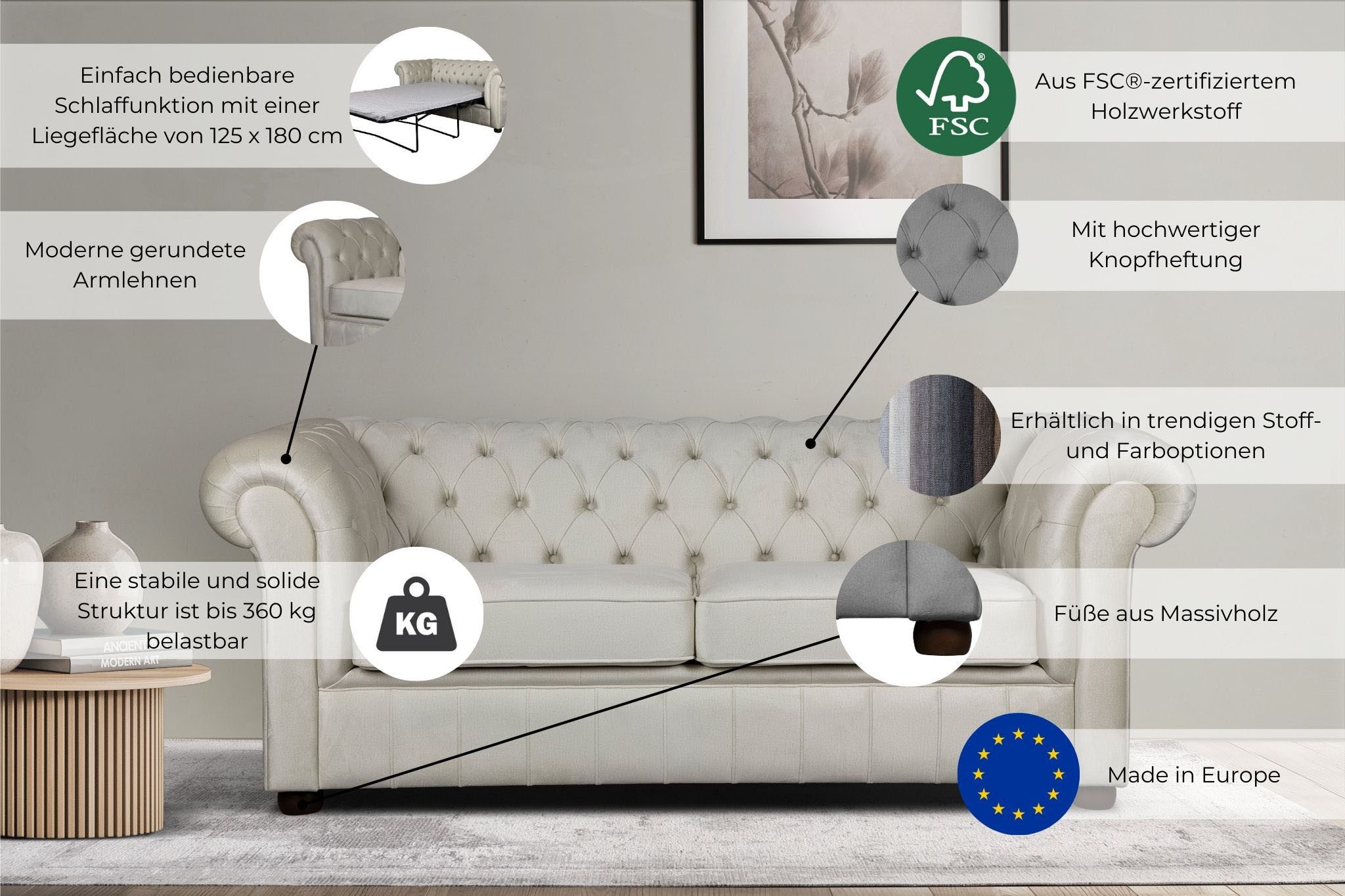 Home affaire 3-zitsbank CHARENTE, optionele slaapbank, Chesterfield-sofa, bedfunctie met edele knoopbevestiging en typische armleuningen, b/d/h 198/89/74 cm