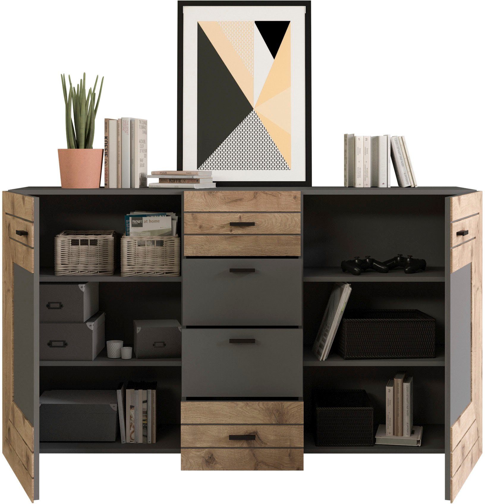 INOSIGN Dressoir Aalborg, breedte 160 cm, 4 lades, 2 deuren, 6 vakken, metalen handgrepen