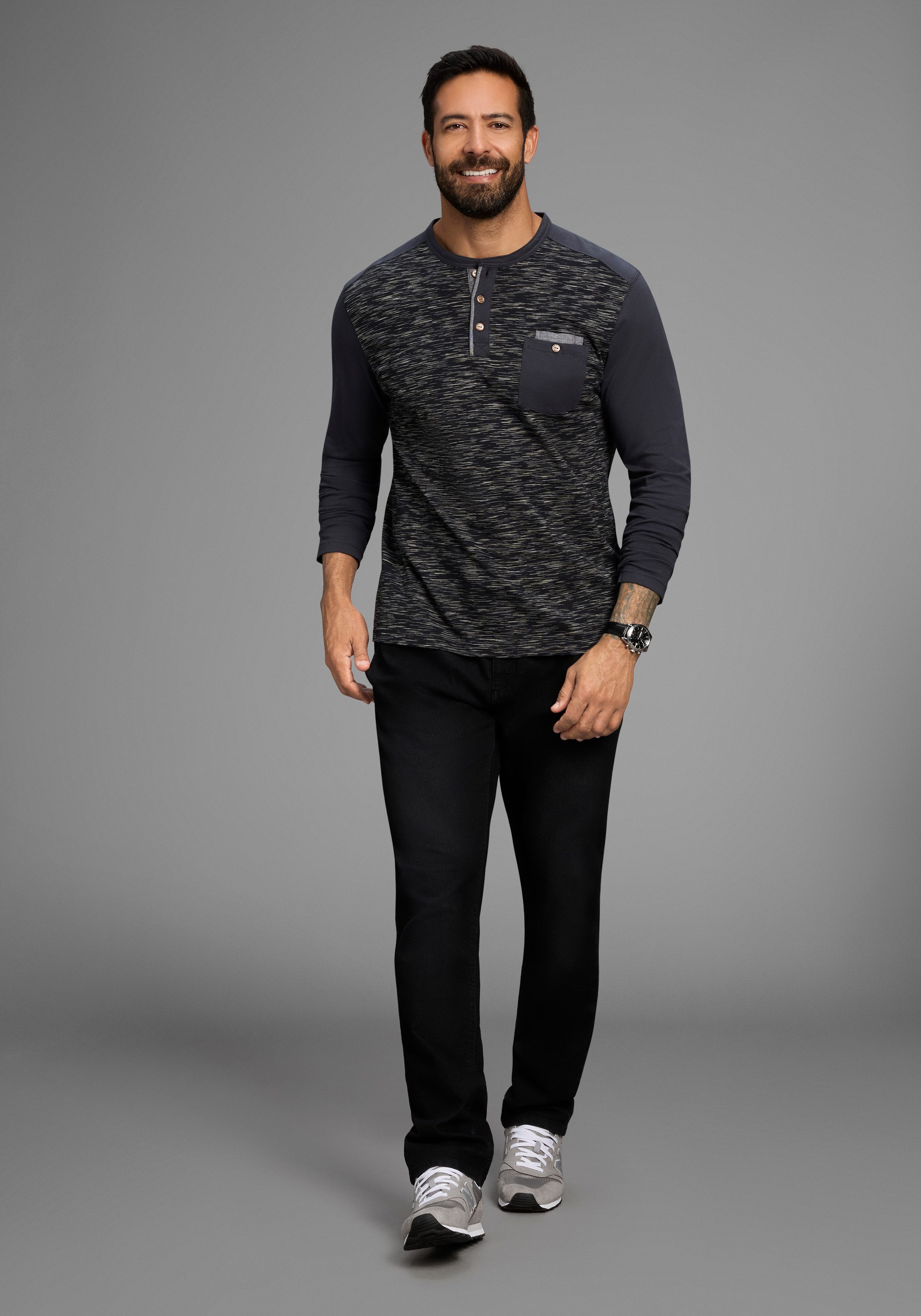 Arizona Longsleeve Lange mouwen, gemêleerde look, ronde hals met knoopsluiting