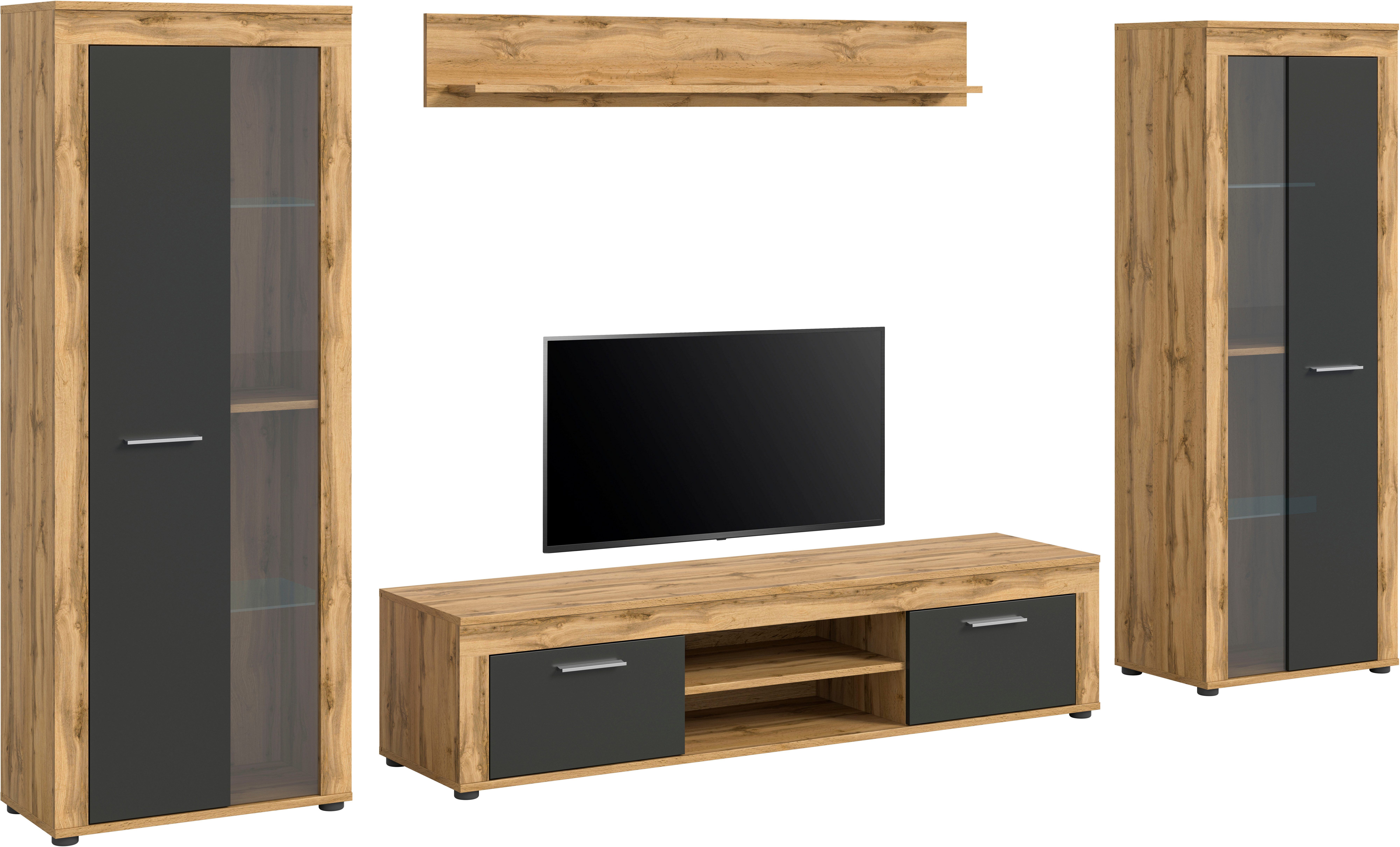 INOSIGN Wandmeubel Aosta, breedte 310 cm, bestaat uit: 2x vitrinekast, lowboard, wandplank