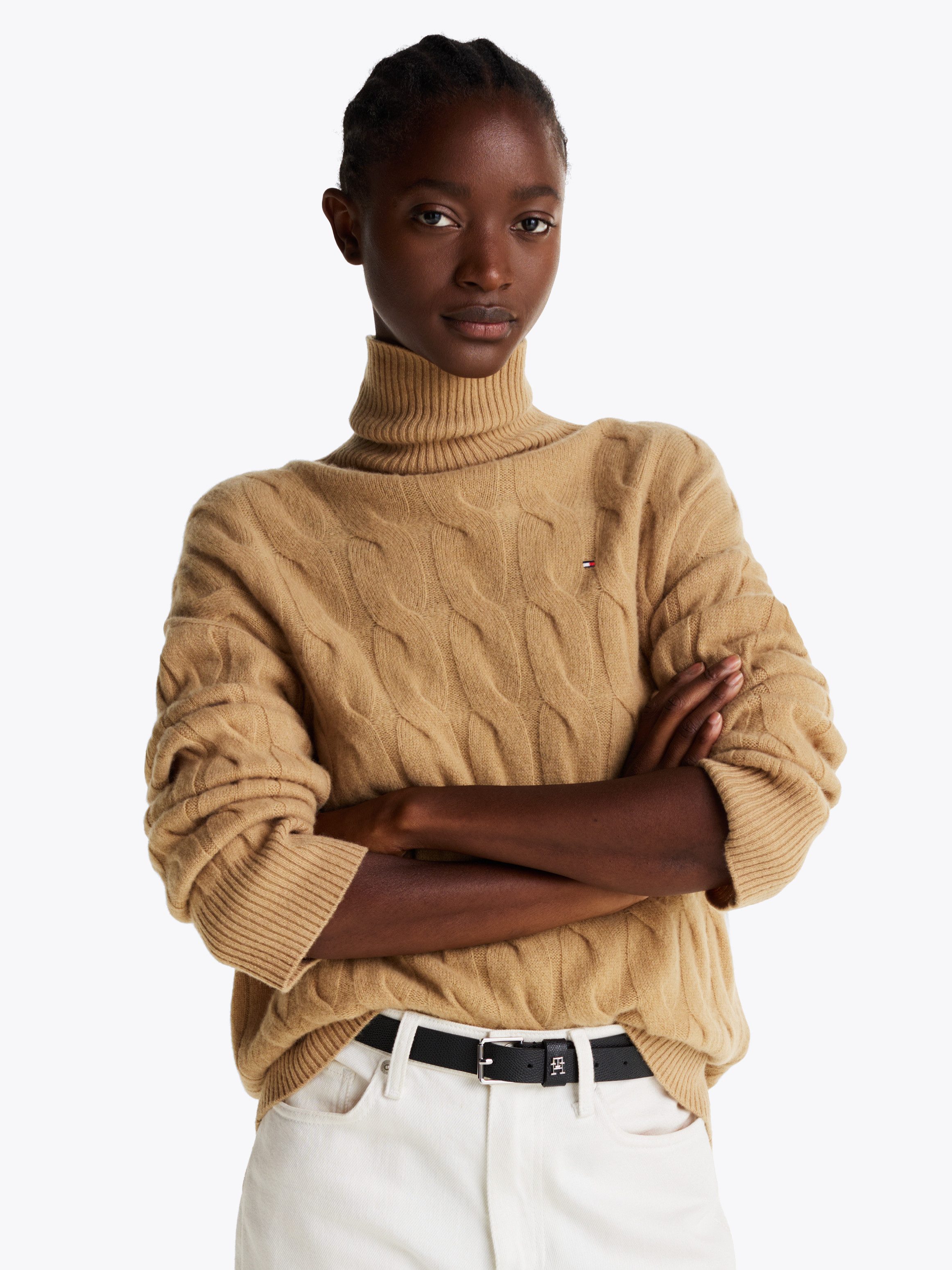 Tommy Hilfiger Coltrui SOFT WOOL CABLE ROLL-NK SWEATER met logoborduring allover kabelpatroon rolkraag 100% wol