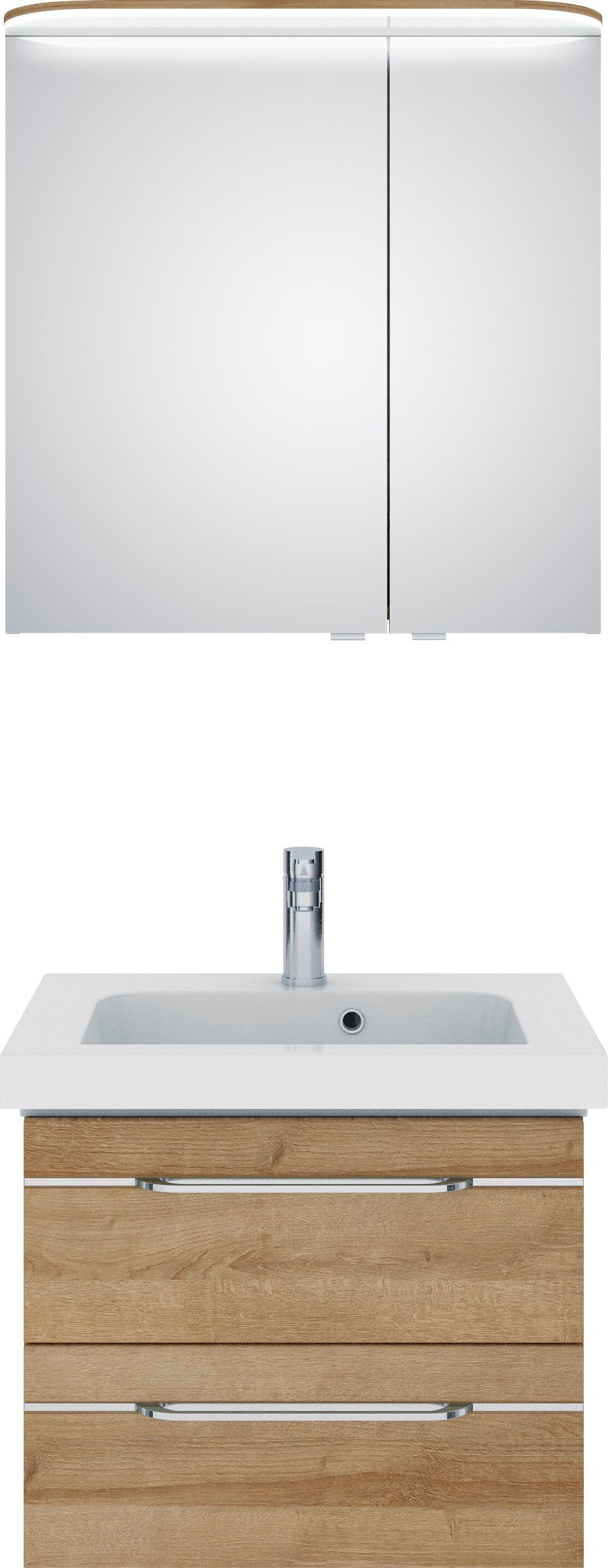 Saphir Badkamerserie Balto sprint 2-delig, mineraalmarmeren wastafel met led-spiegelkast (2-delig) badmeubelsets bruin