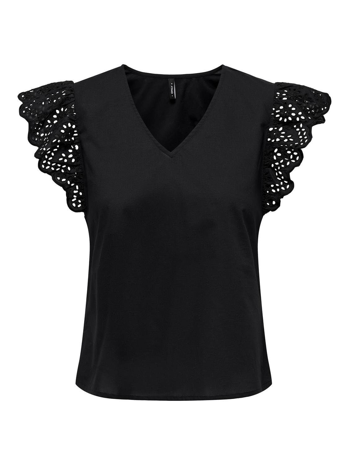 Only Shirt met V-hals ONLLOU EMB S S FRILL TOP PTM