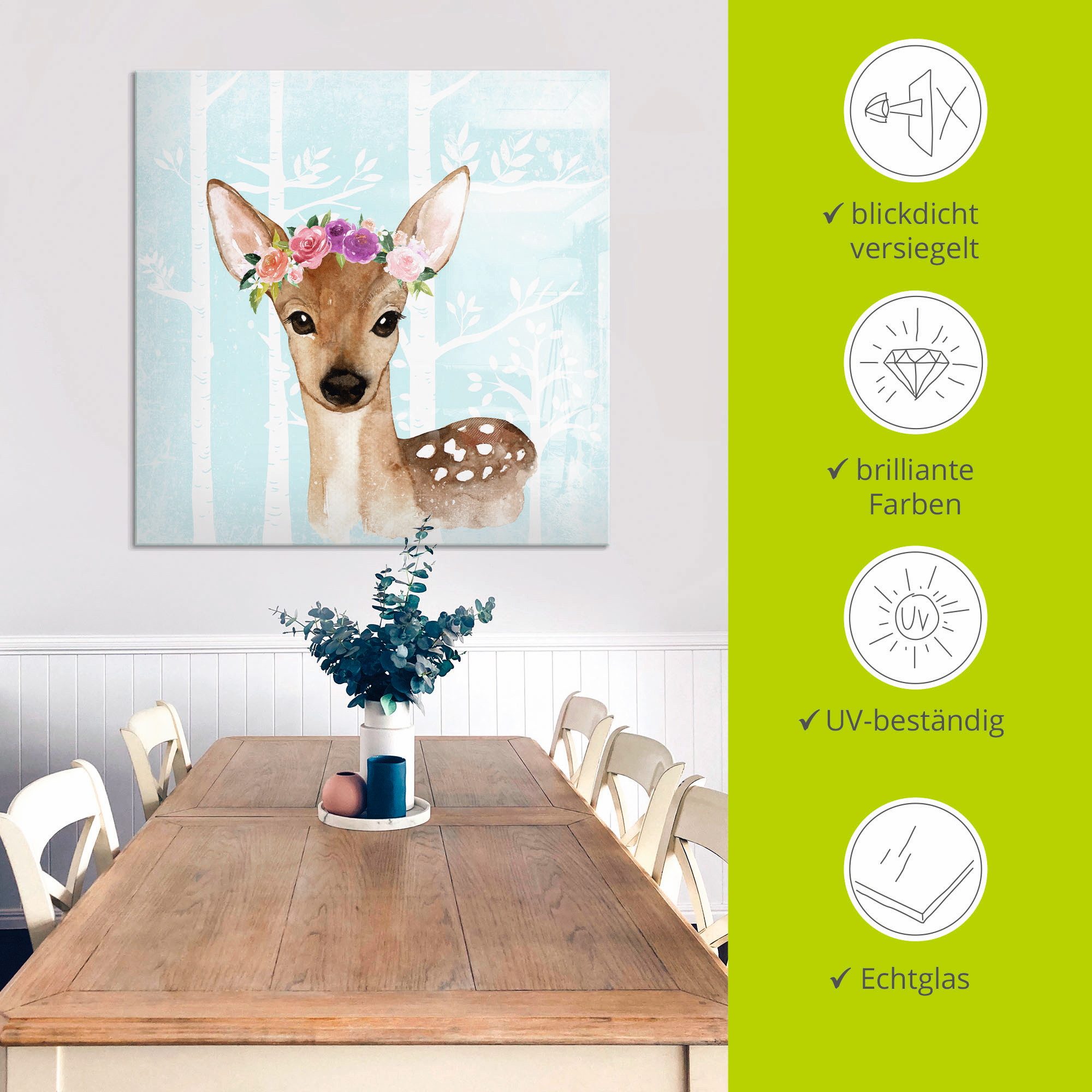 Artland Print op glas Wild ree met bloemen in blauw bos