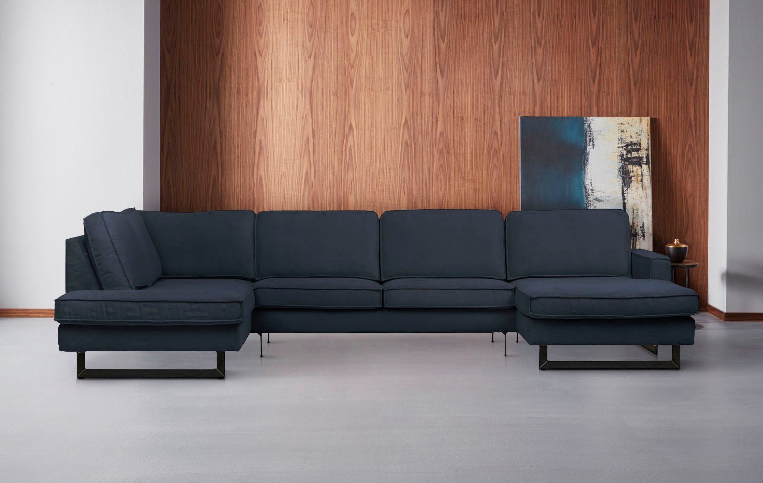 Places of Style Zithoek Pinto, 350 cm, U-vorm, XXL, met ottomanen Cord, chenille, leerlook, met bies, metalen voeten, golfondersteuning