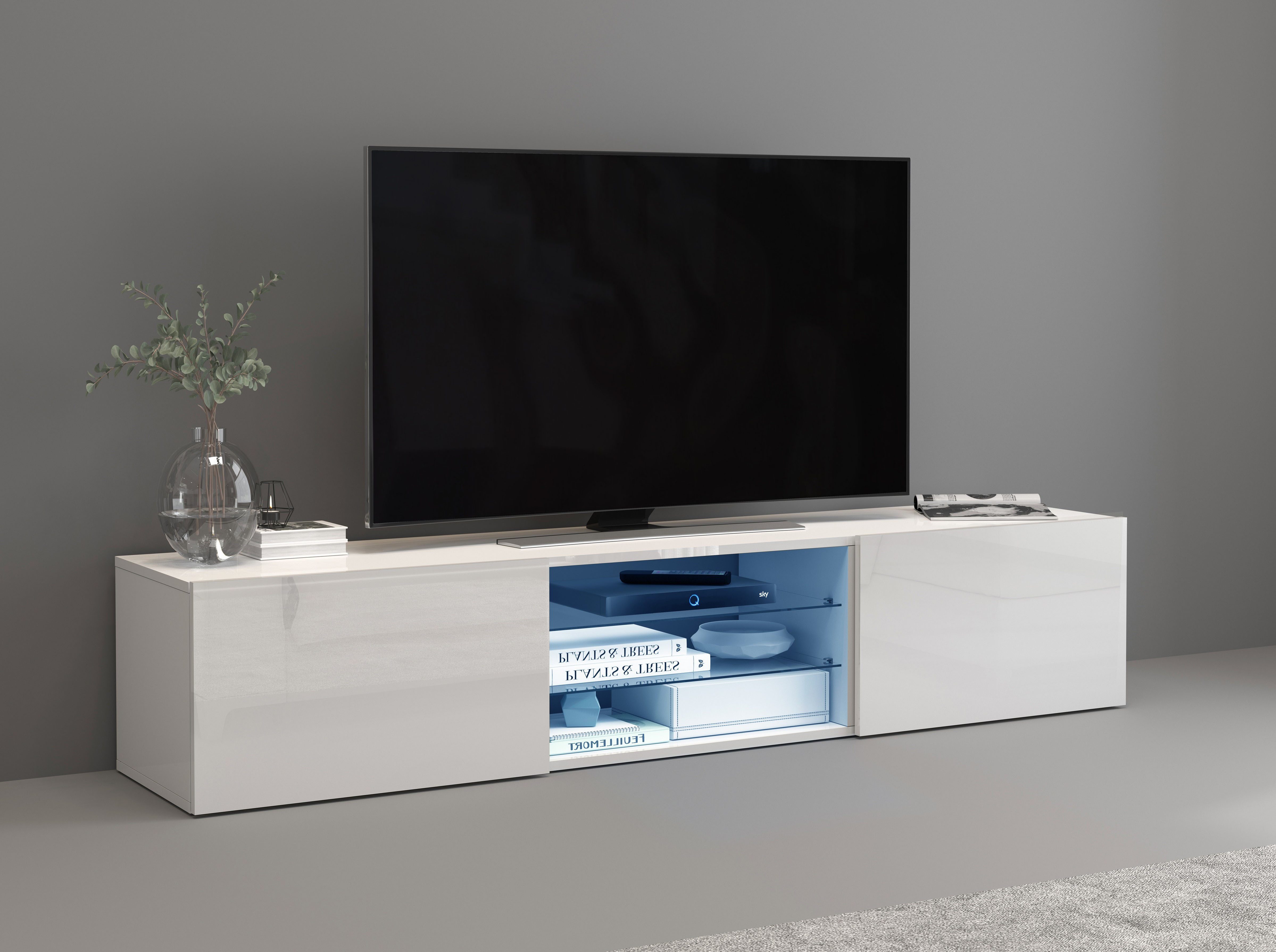 INOSIGN Tv-meubel Egypt, Lowboard, TV-ladekast, TV-meubel, TV-bank met 2 kleppen, 2 glazen planken, volledig hoogglans gelakt (b/d/h) 180x38x35 cm