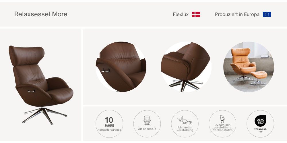 FLEXLUX Relaxfauteuil Tv-fauteuil More, ergonomisch, draaibaar, robuuste voet, Scandi Eersteklas comfort, rug- en hoofdsteunverstelling, draaibaar, zwarte voet