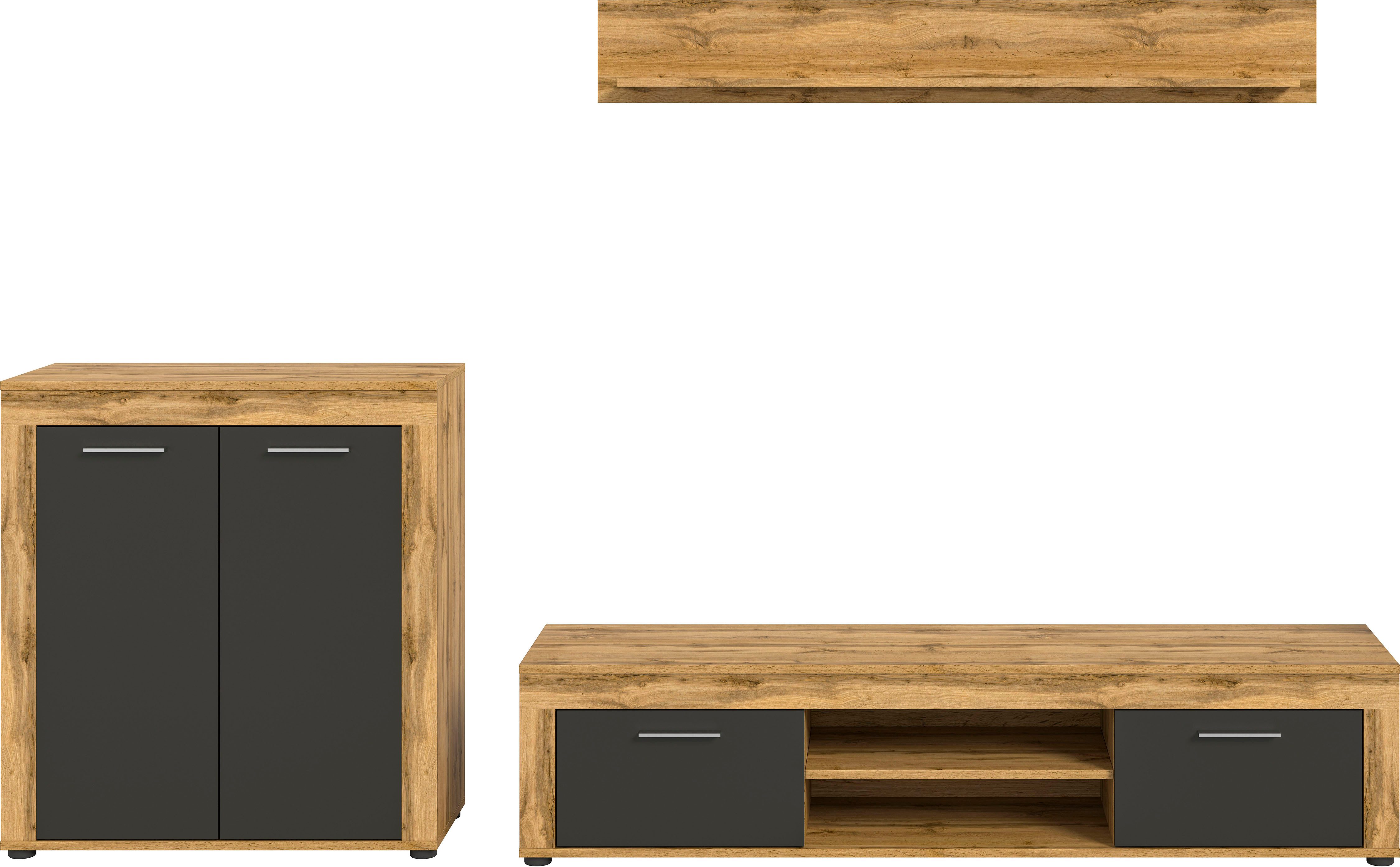 INOSIGN Wandmeubel Aosta, Breedte 255cm, bestaand uit Highboard, Lowboard, Wandplank Woonwand, combinatie, opbouwwand, meubelset, kastwand, meubelcombi (3-delig)