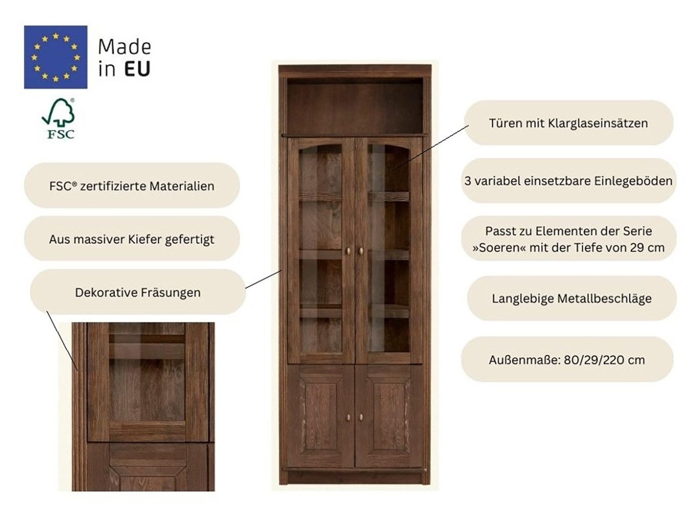Home affaire Boekenkast Soeren massief grenen, in 2 hoogten, diepte 29 cm, deuren met vensterglas-inzet