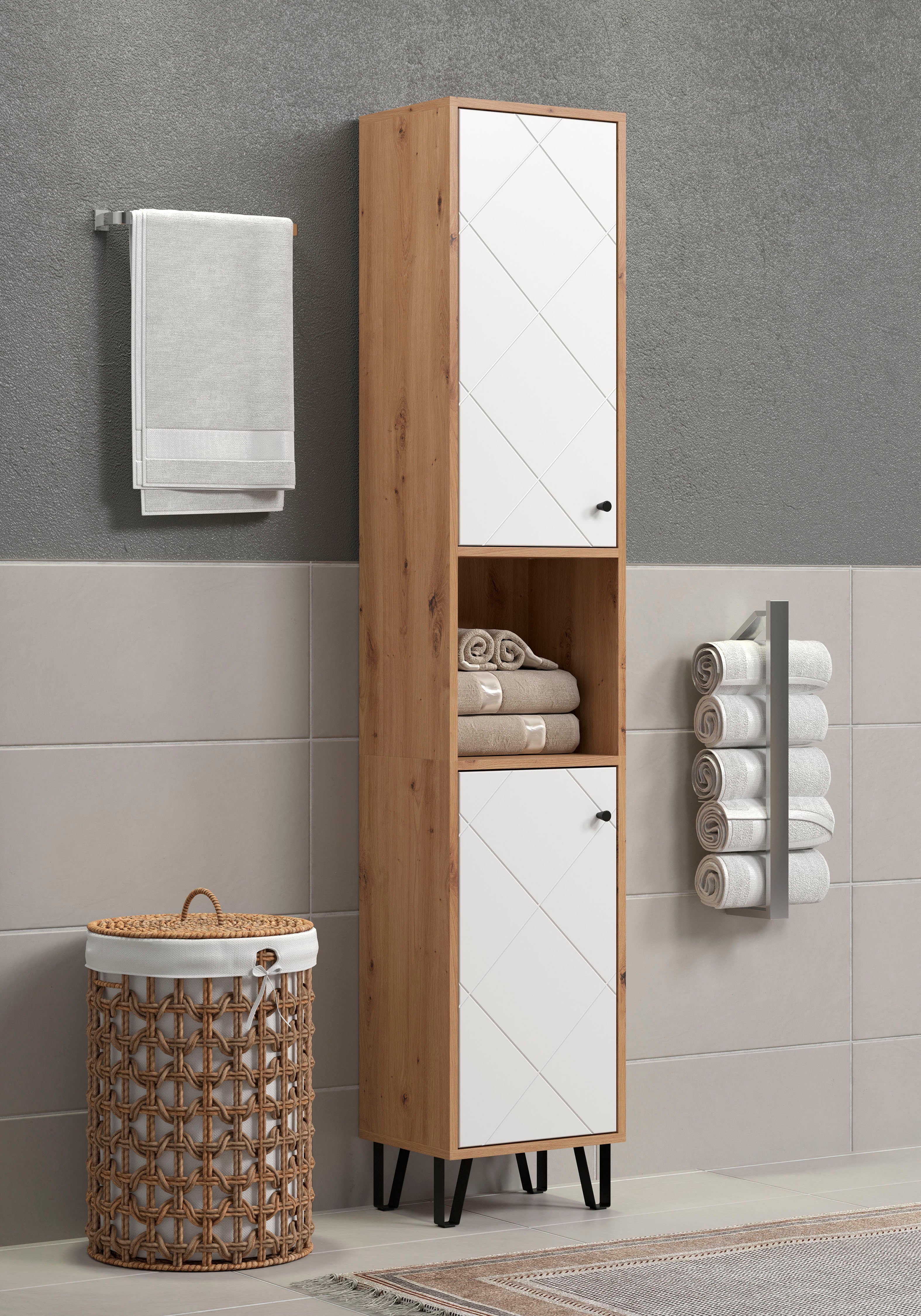 Places of Style Hoge kast Tarragona Breedte 36 cm, 2 deuren, retro metalen poten, mat, bruine hout-look / wit (1 stuk)