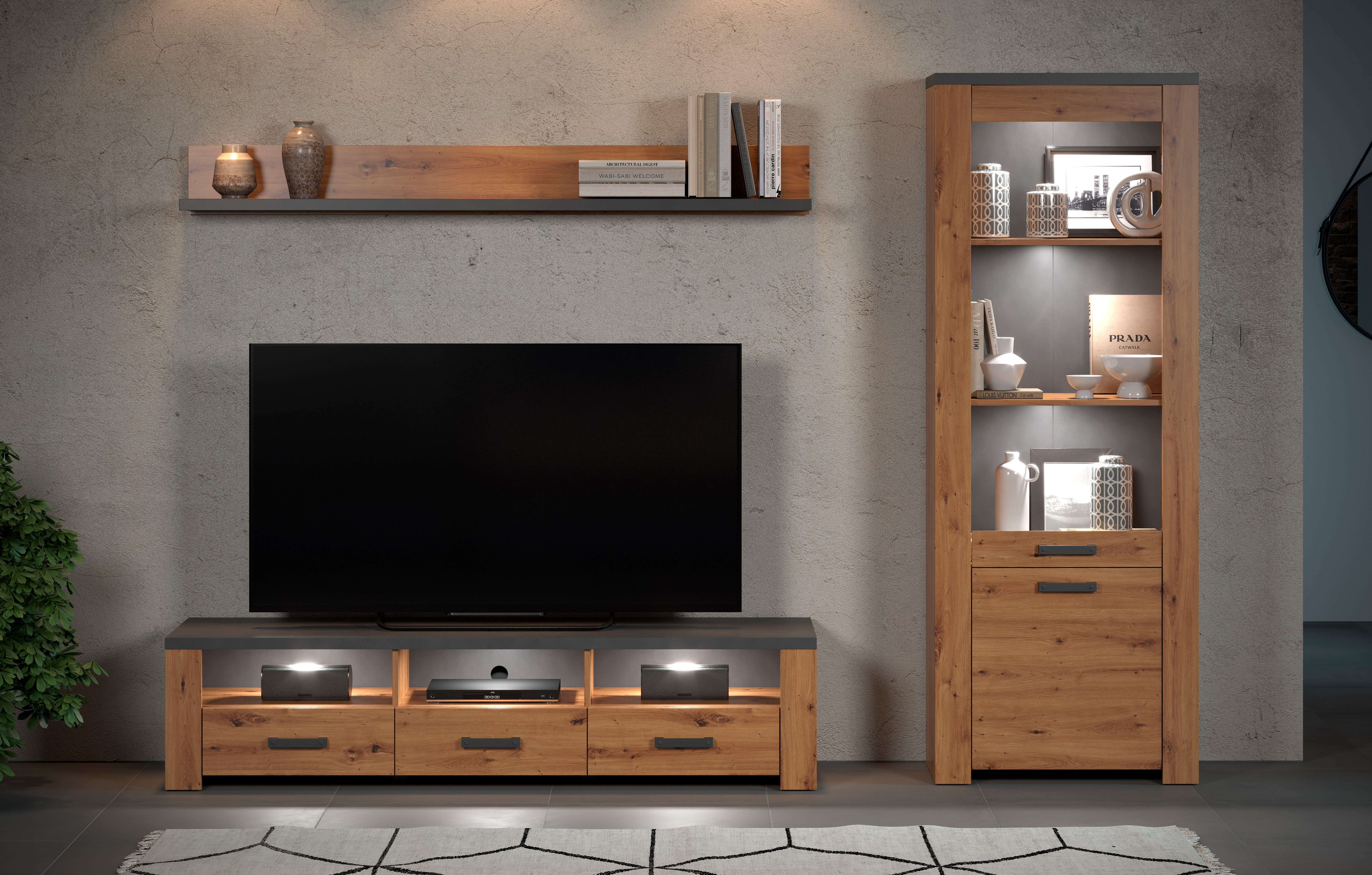 Home affaire Tv-wandmeubel Ambres Kleine, moderne tv-set, look van echt hout, breedte ca. 268 cm, mat (3-delig)