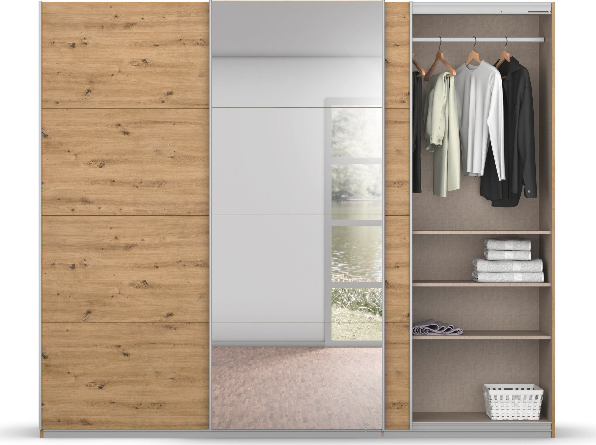 rauch Zweefdeurkast Kledingkast kast garderobe BESTSELLER KOLUNA met spiegel inclusief 2 binnenladen en extra legplanken made in germany