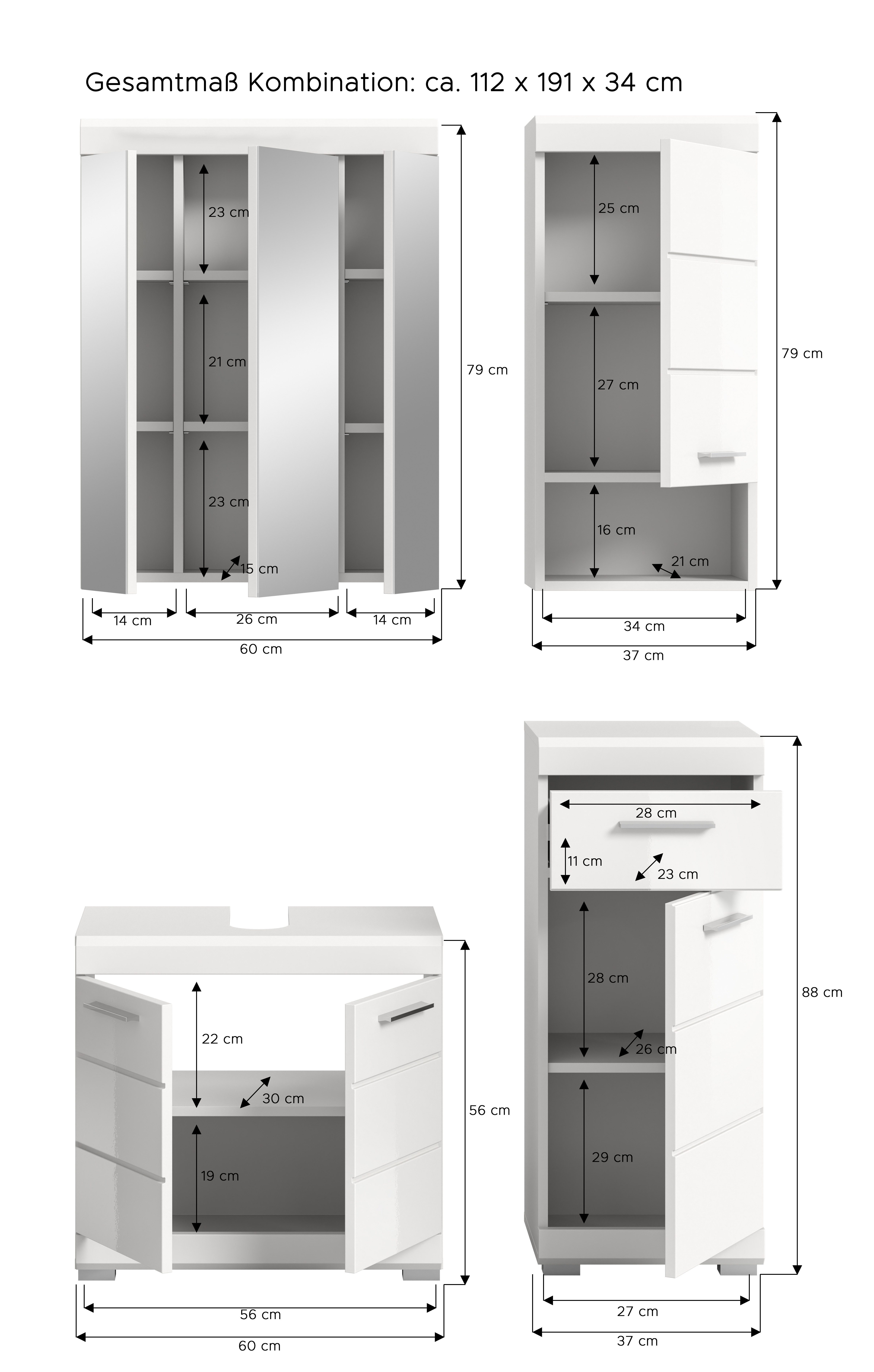 INOSIGN Badkamerserie Siena, 4-delig, bestaande uit: Wastafelonderkast, Spiegelkast, Onderkast, Hankast (set, 4-delig)