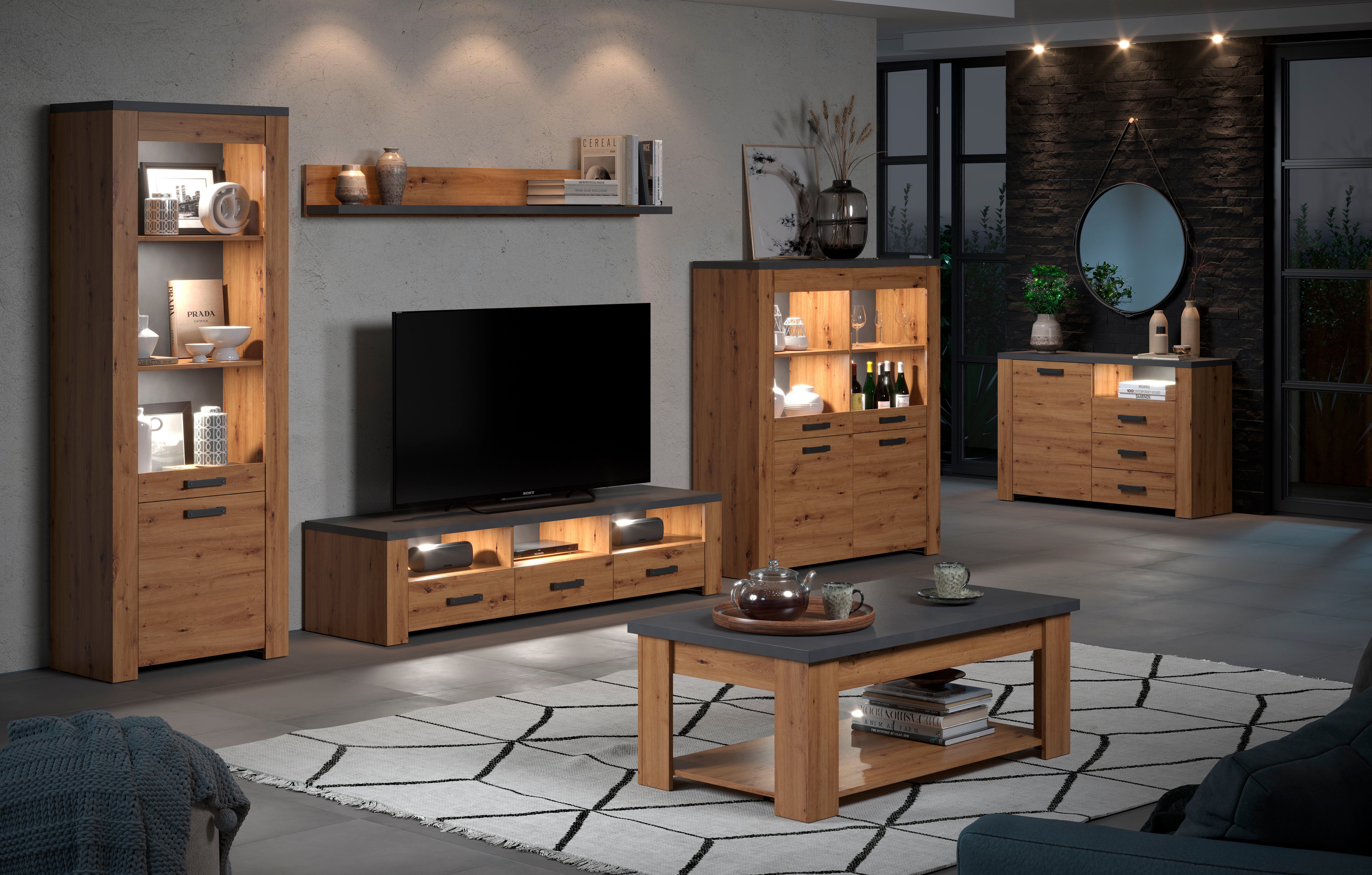 Home affaire Tv-meubel Ambres TV-tafel in matte echt houtlook, met 3 open vakken, breedte 180 cm (1 stuk)