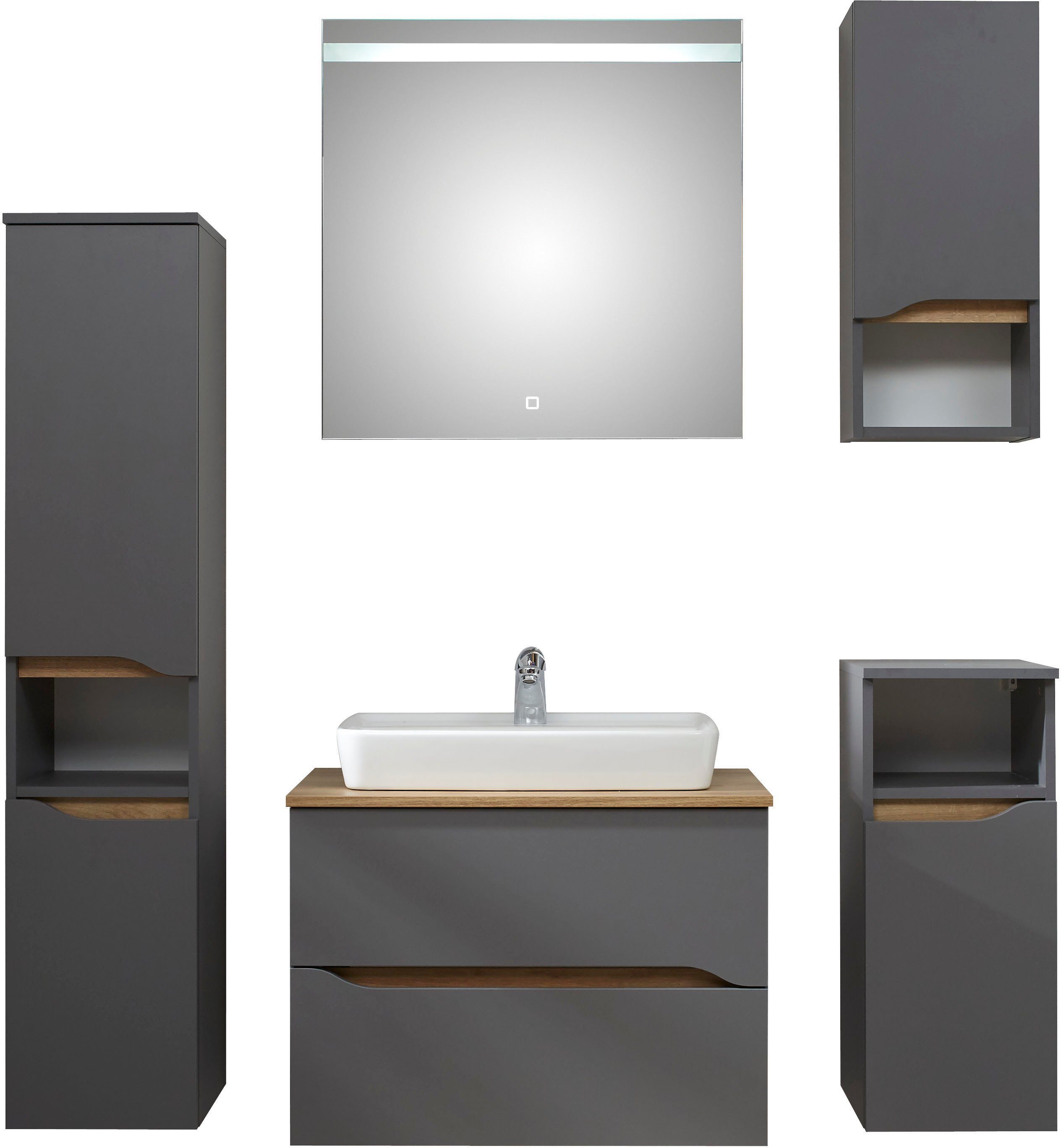 Saphir Badkamerserie Quickset 5-delig, keramieken opzetwasbak met led-spiegel Halfhoge kast, onderkast, hangend kastje, inclusief deurdemper, 6 deuren
