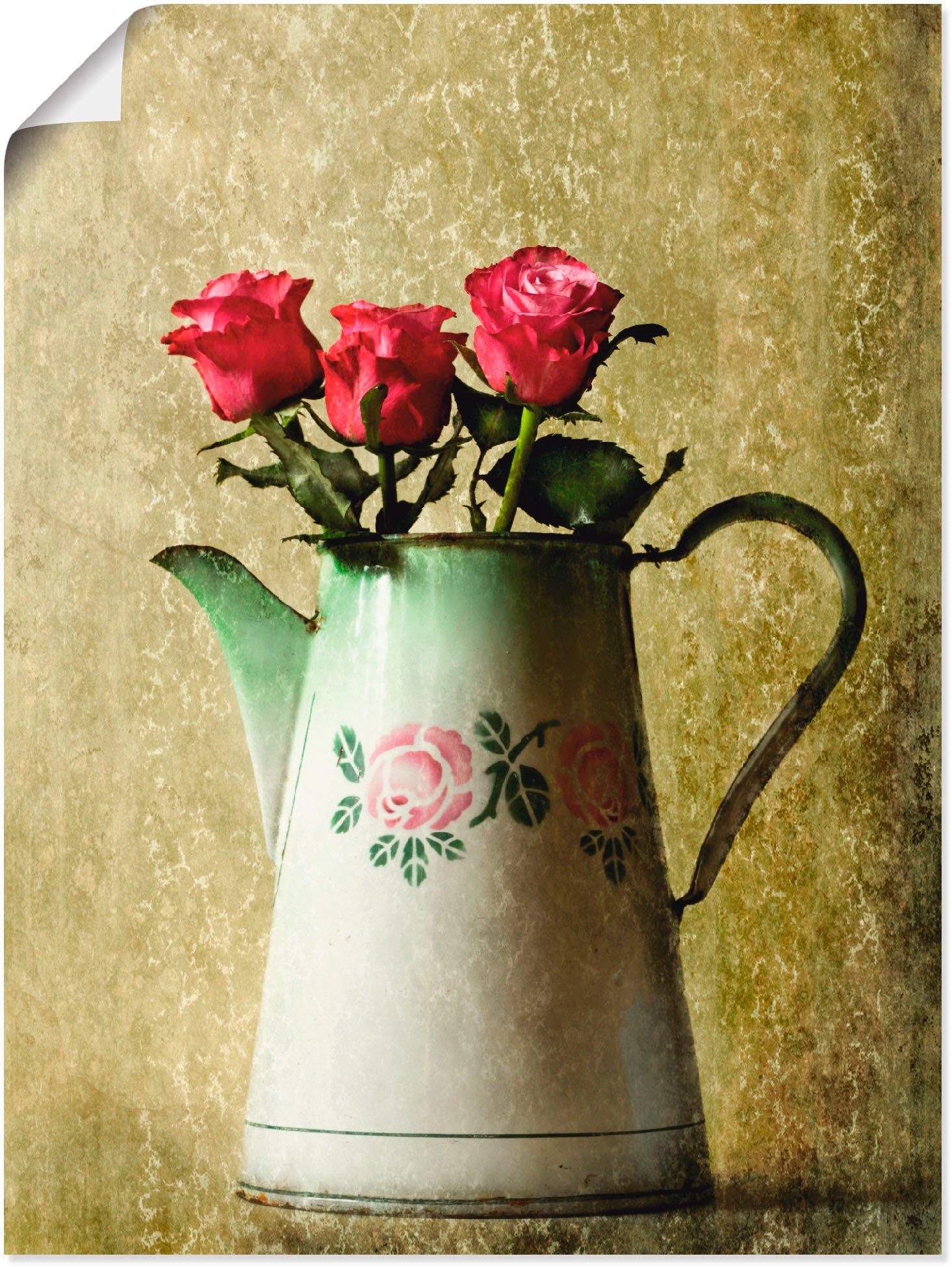 Artland Artprint Drie rozen in een oude kan in vele afmetingen & productsoorten -artprint op linnen, poster, muursticker / wandfolie ook geschikt voor de badkamer (1 stuk)