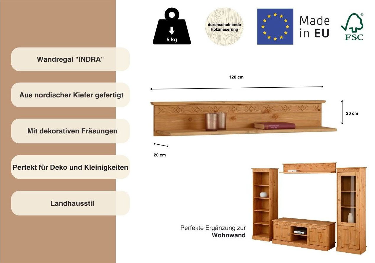 Home affaire Wandplank Indra van massief grenen, 120 cm breed