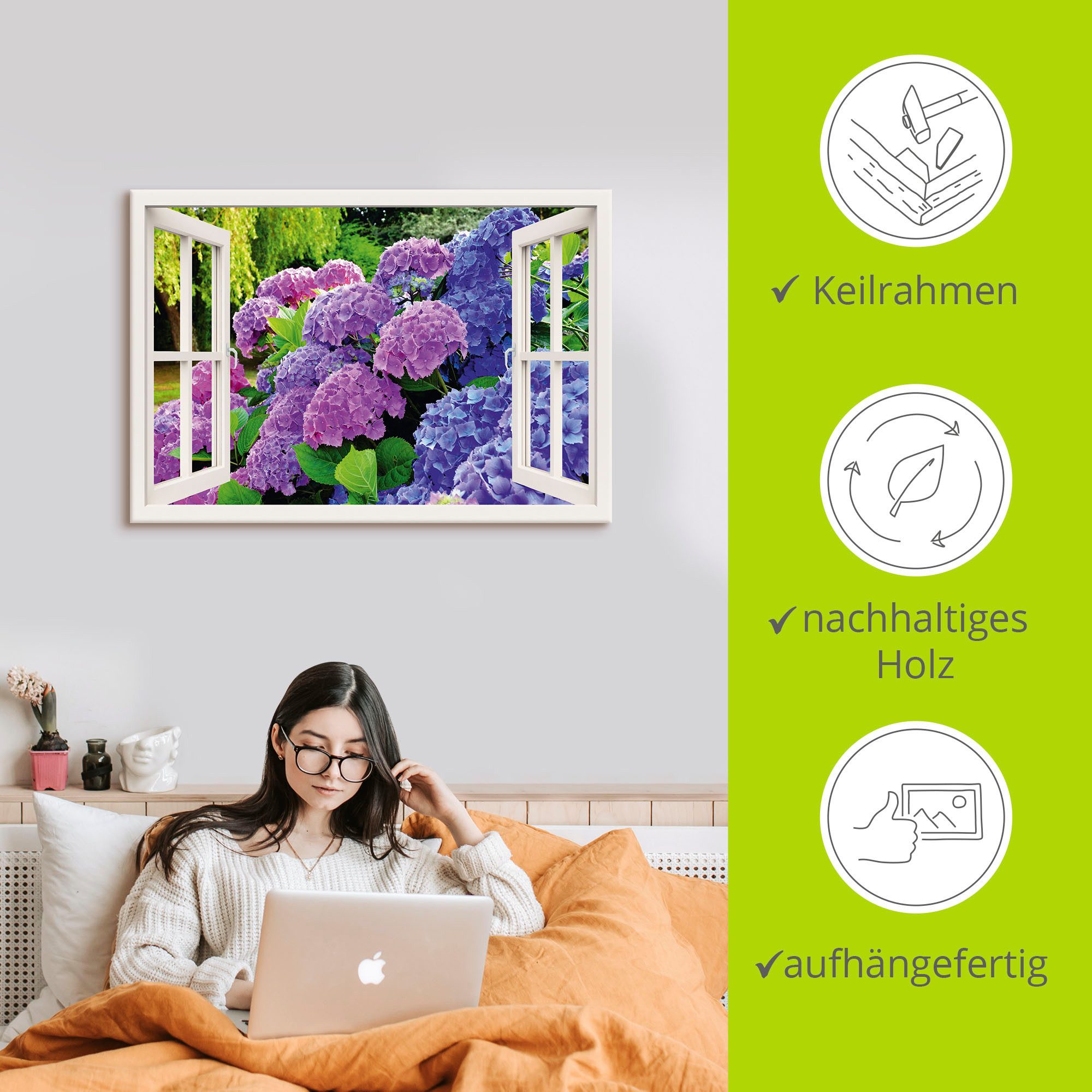 Artland Artprint Blik uit het venster hortensia's in de tuin als artprint op linnen, poster in verschillende formaten maten