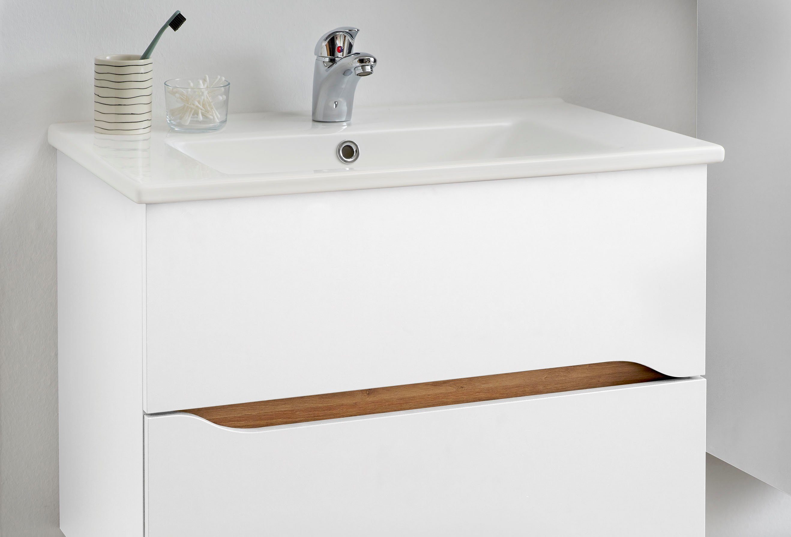 Saphir Badkamerserie Quickset keramische wastafel met onderkast, 75 cm breed Wastafelmeubel, onderkast met wasbak, 2 laden, greeploos (2-delig)