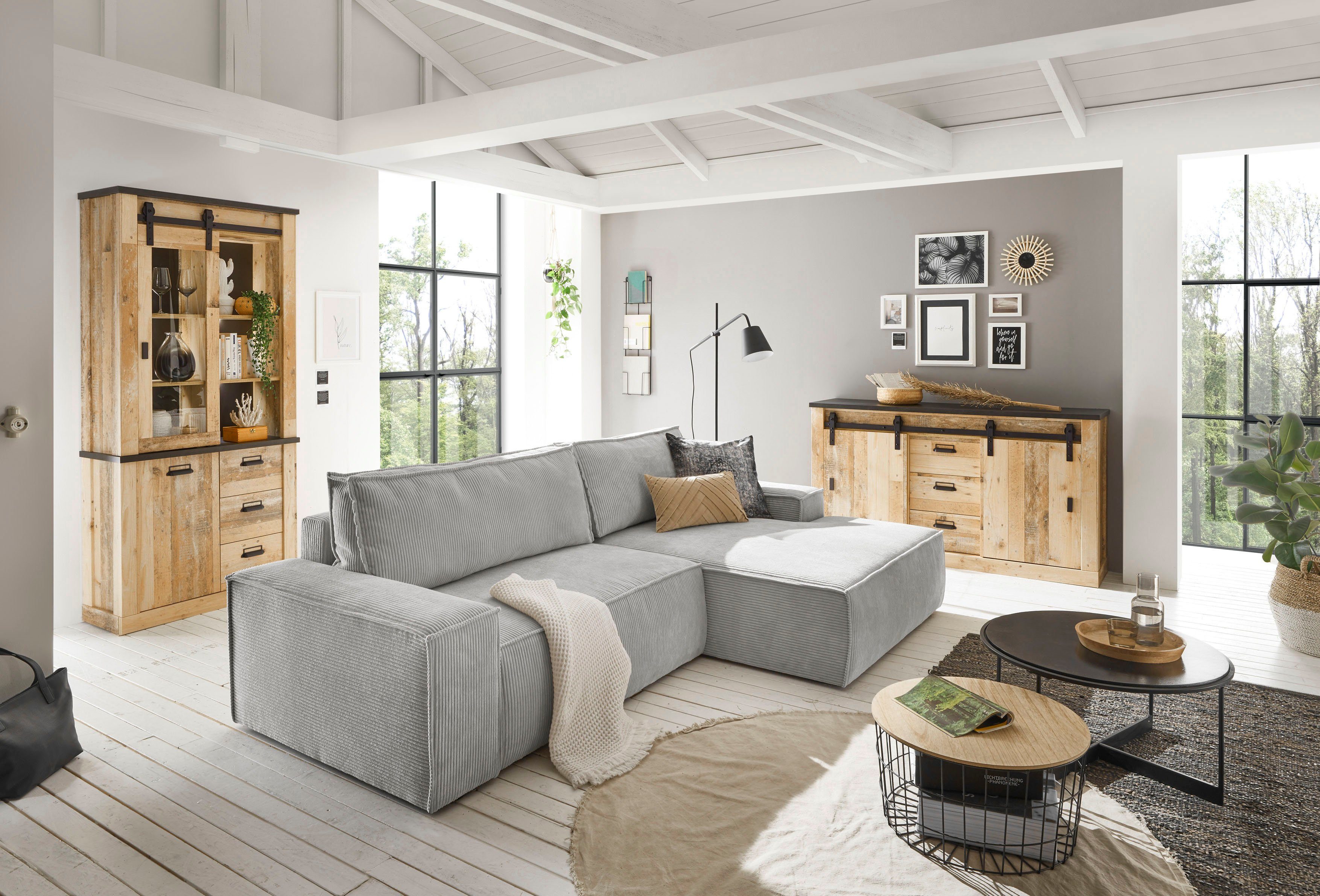 Home affaire Hoekbank SHERWOOD bedbank 267 cm, L-model, Slaapfunctie met bedlade (210x136 cm), cord, vintage, fluweel