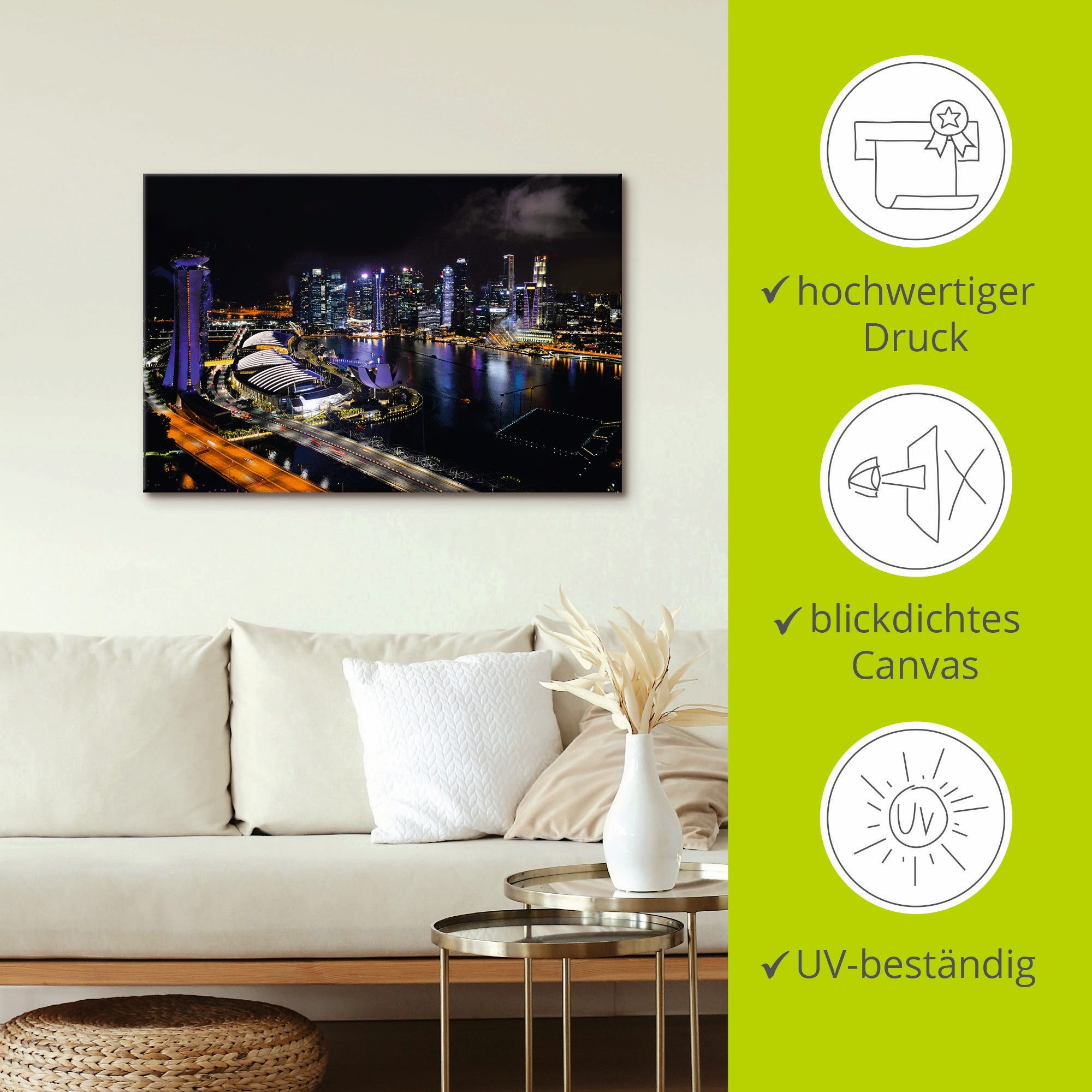 Artland Artprint op linnen Singapoer 's nachts gespannen op een spieraam