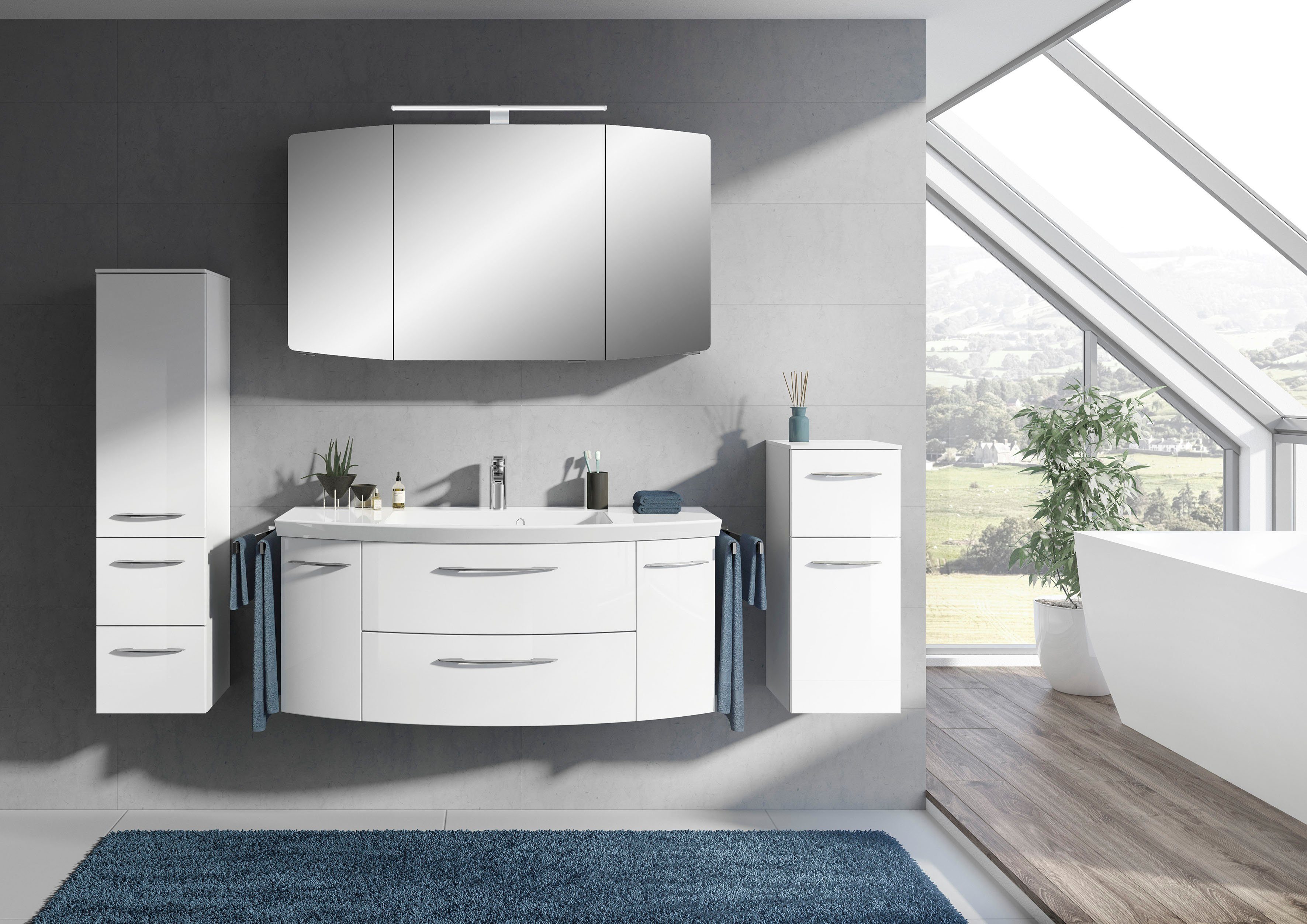 Saphir Badkamerserie Cassca sprint 4-delig mineraalmarmeren wastafel met led-spiegelkast (5-delig) badmeubelsets wit