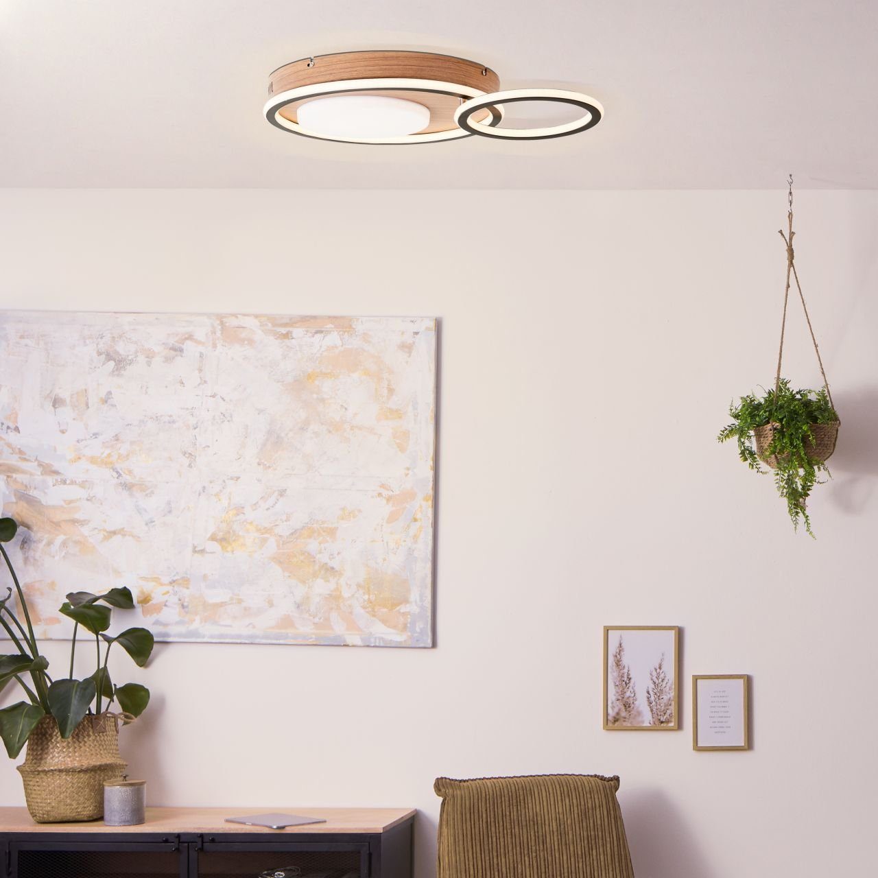 Brilliant Leuchten Led-plafondlamp Karney 40x57 cm, 5600 lumen, warmwit, draaibaar en dimbaar, aluminium, houtlook (1 stuk)