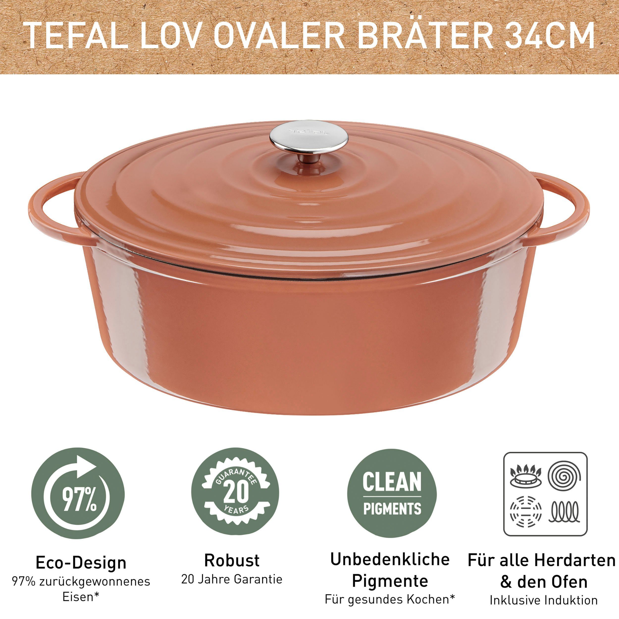 Tefal Braadpan LOV braadpan met deksel, Ø 34 cm, ovaal Inductie, geschikt voor alle soorten fornuizen, incl. e-book (1-delig)