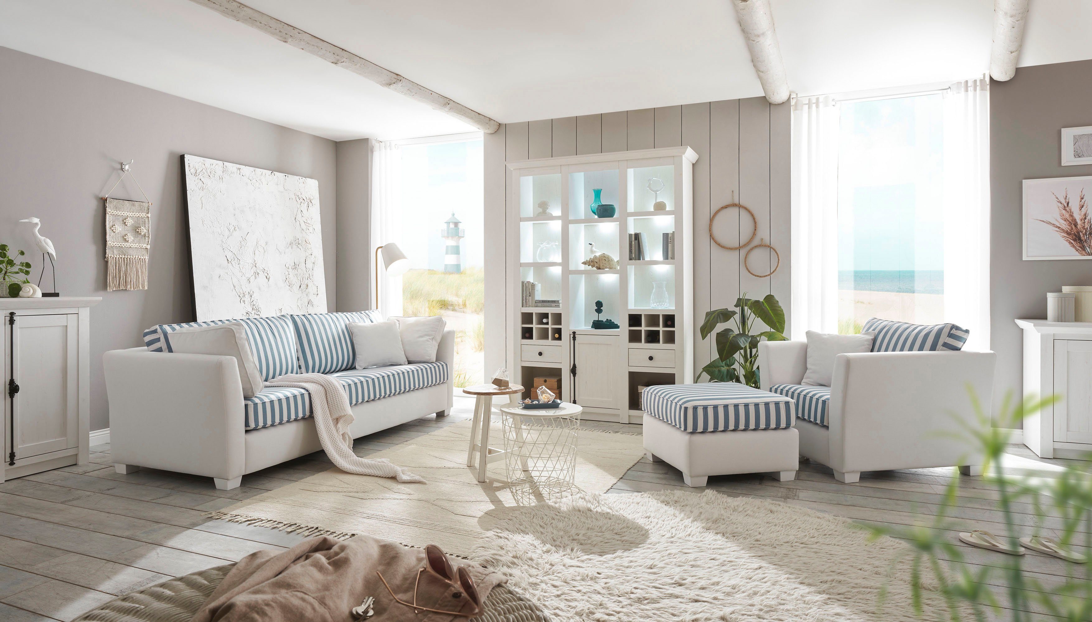Home affaire Hocker California maritieme landelijke stijl, poef/voetenbank in 2 maten, witgelakte houten poten