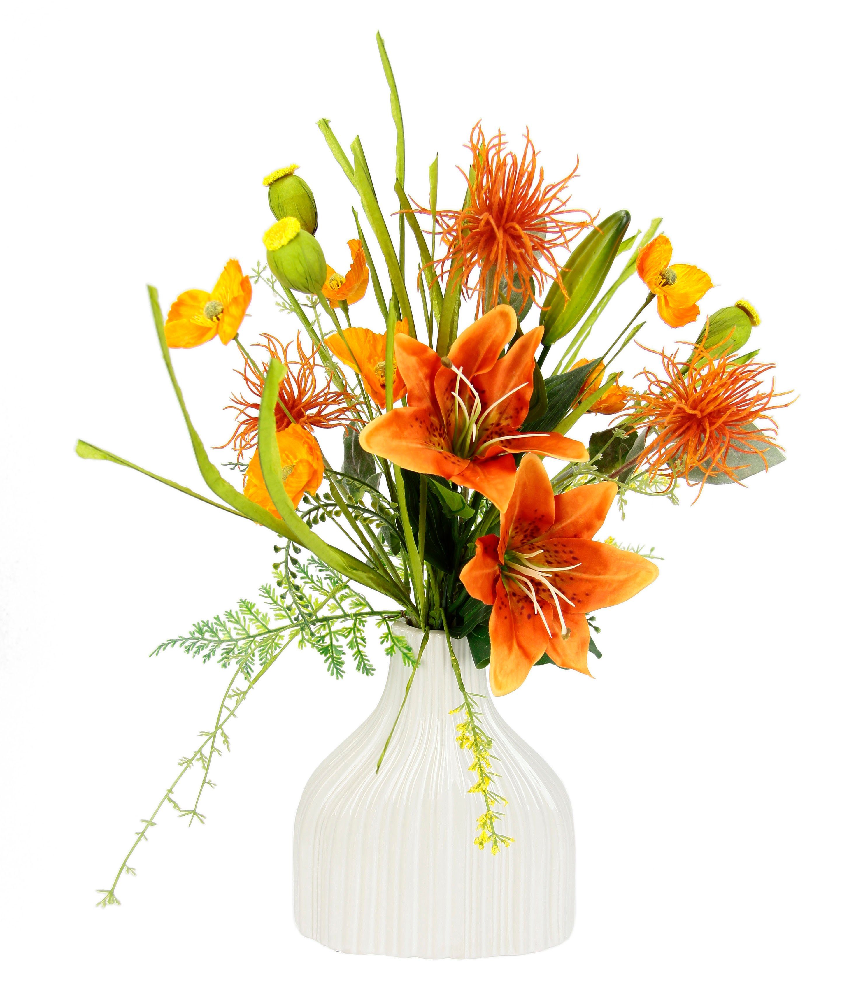 I.GE.A. Kunstbloem Bloemenarrangement van lelies en klaprozen in keramische vaas Decoratieve bloemen, bloemenboeket, zijden bloemen, tafeldecoratie, trouwdecoratie (1 stuk)