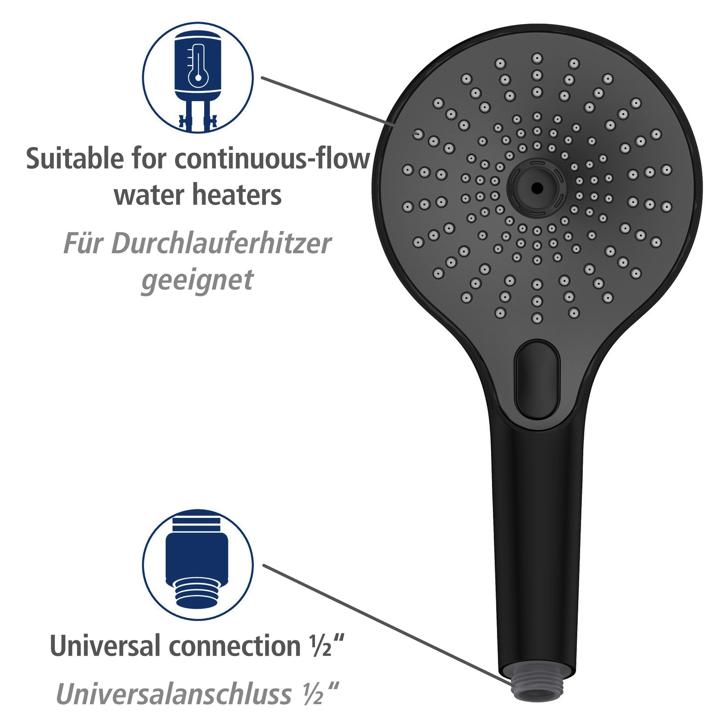 WENKO Handsproeier Ultimate Shower Zwart/grijs, Ø 13 cm (1-delig)