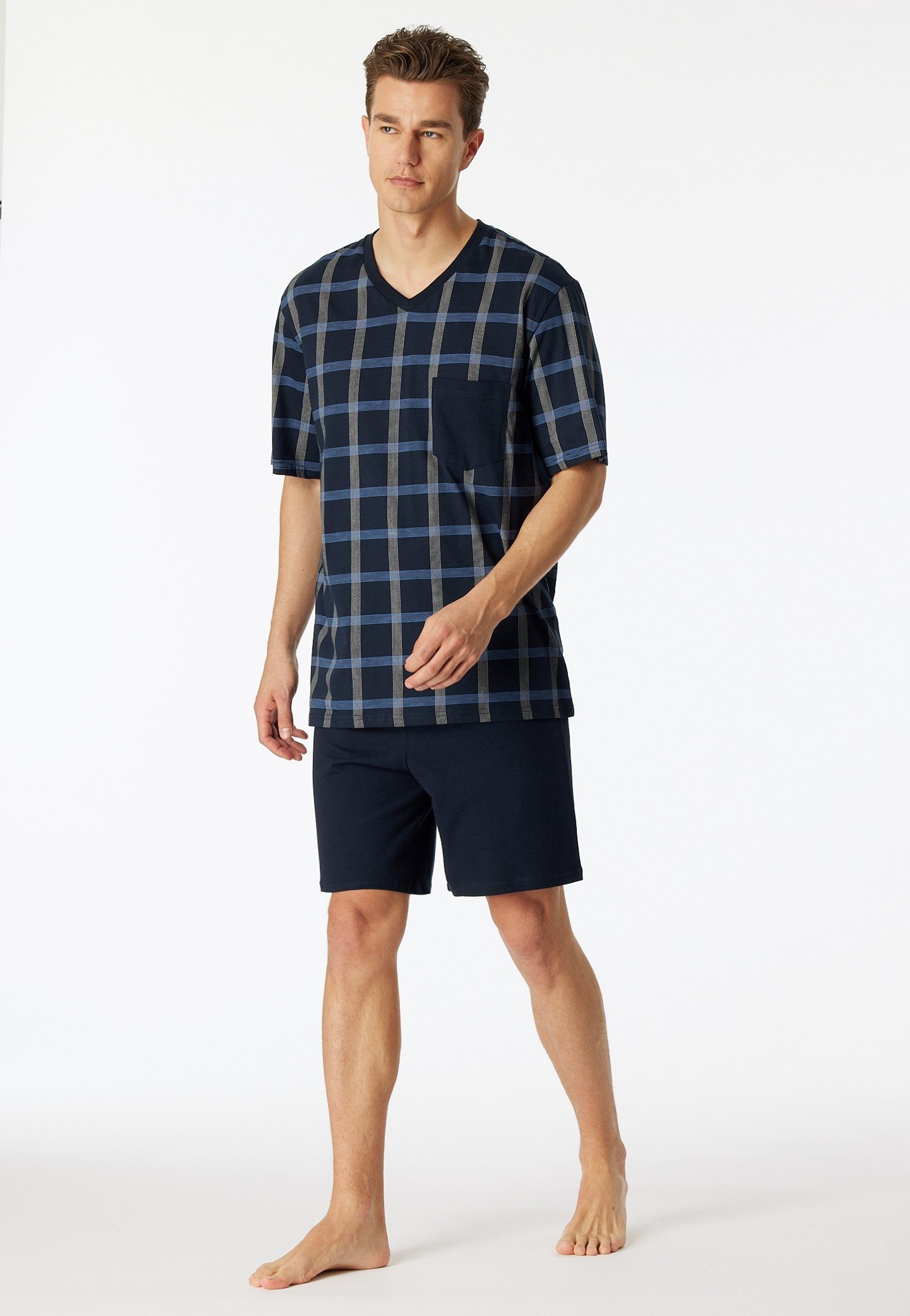 Schiesser Shortama Comfort Nightwear met klassiek ruitpatroon, v-hals en opgestikte borstzak (2-delig)