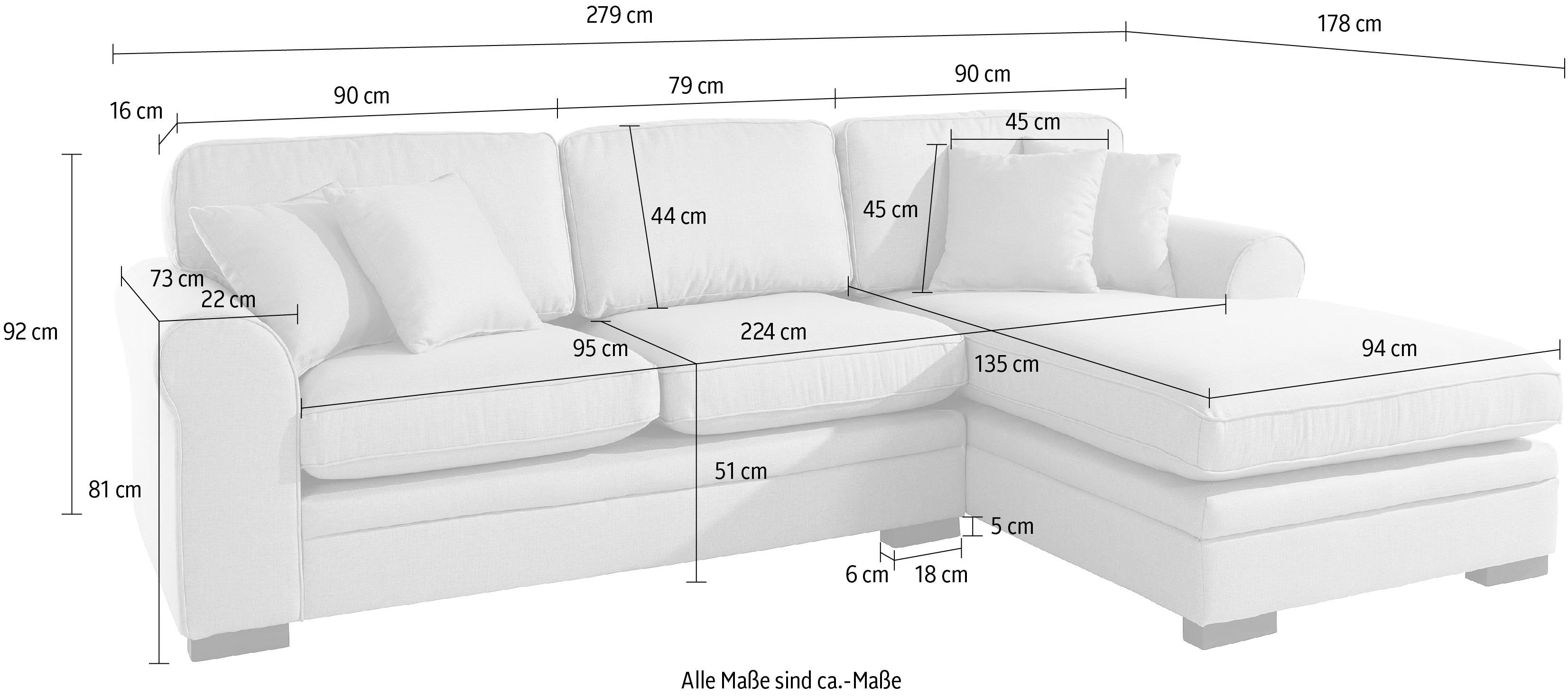 Home affaire Hoekbank Broughton L-vorm zacht zitcomfort, incl. 4 sierkussens, opstaande naad