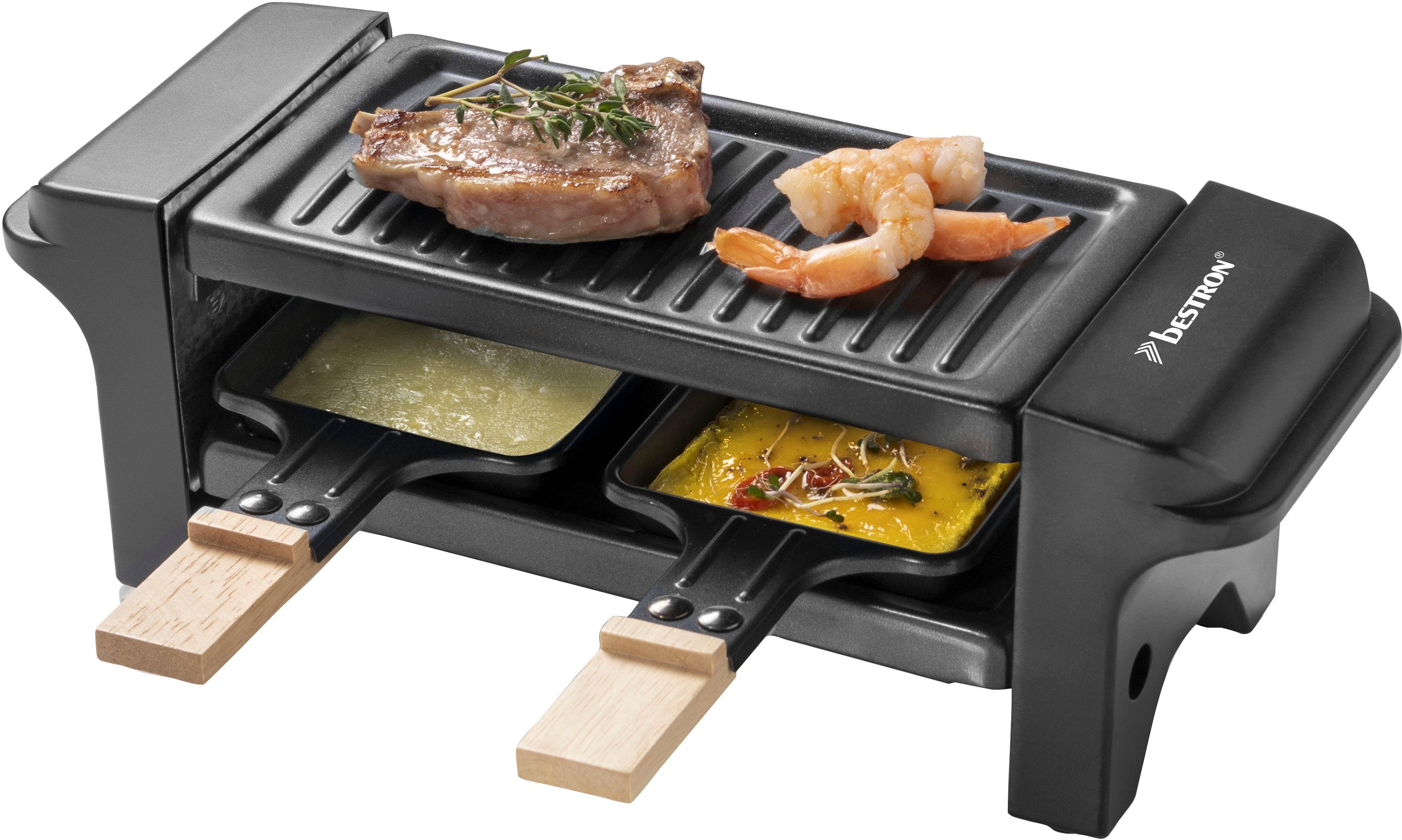 bestron Raclette Mini tafelgrill voor 1 tot 2 personen, met twee houten spatels & twee onderzetters