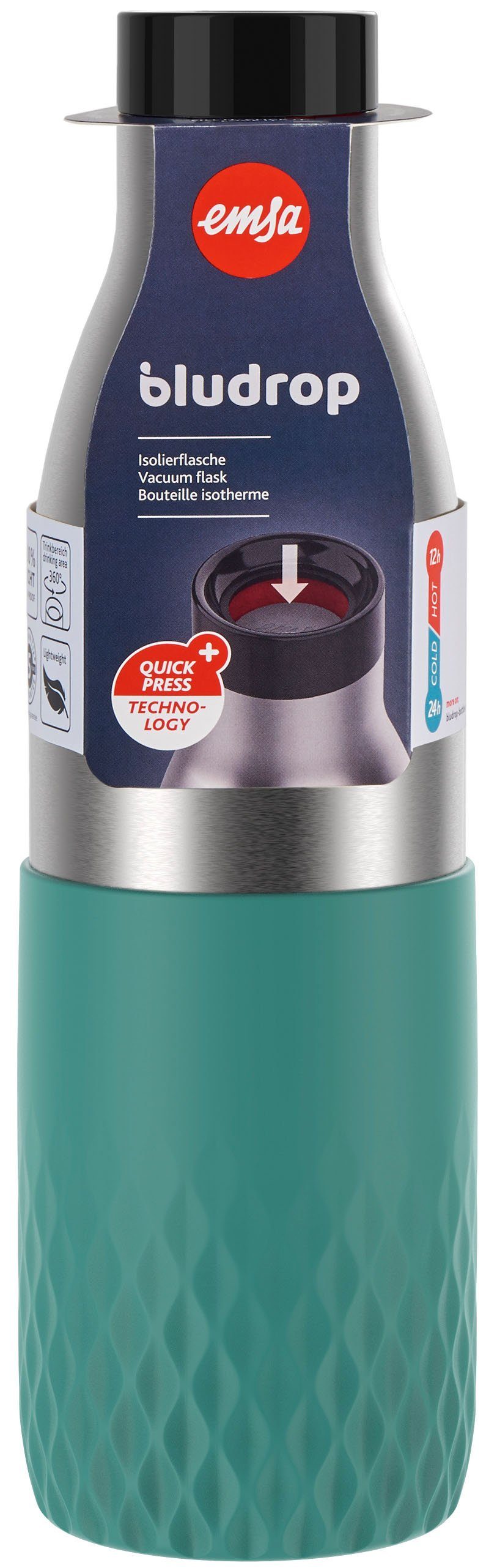 Emsa Drinkfles Bludrop Sleeve Roestvrij staal/siliconen, quick-press, 12u warm/24u koel (1-delig)